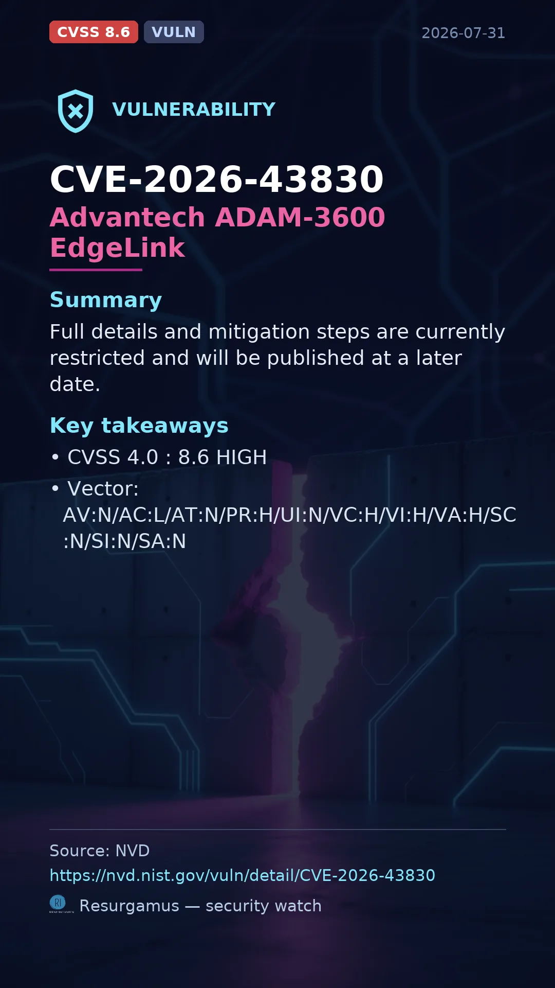 CVE-2026-43830 Advantech ADAM-3600 EdgeLink Vulnerability