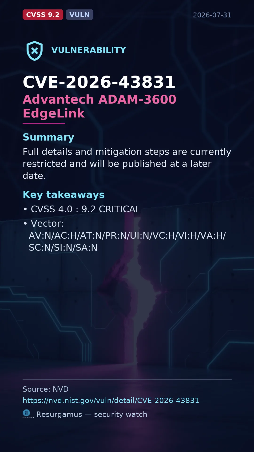 CVE-2026-43831 Advantech ADAM-3600 EdgeLink Vulnerability