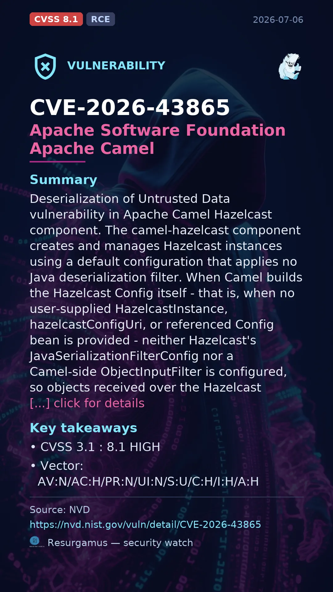 CVE-2026-43865 Apache Software Foundation Apache Camel Vulnerability