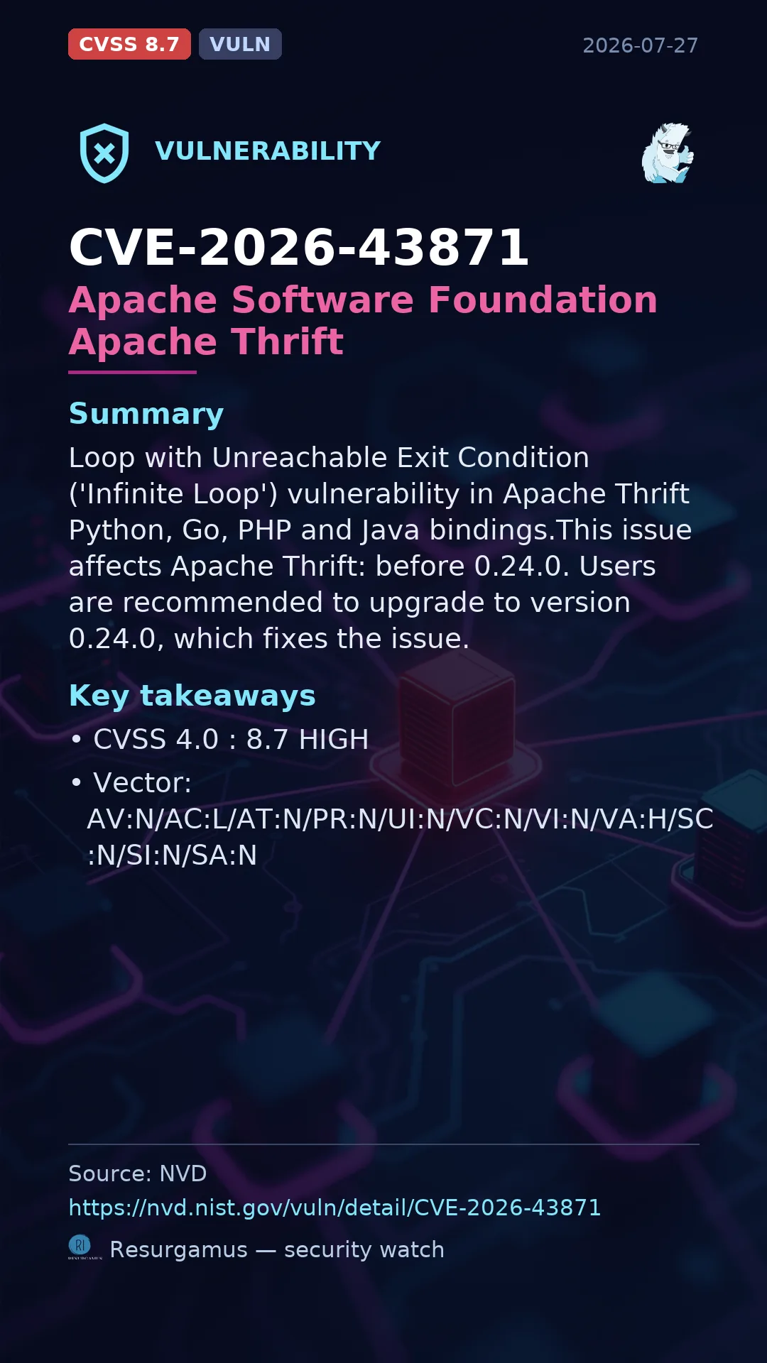 CVE-2026-43871 - Apache Software Foundation Apache Thrift vulnerability