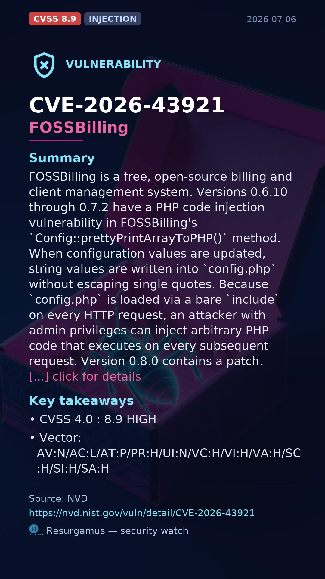CVE-2026-43921 FOSSBilling Vulnerability