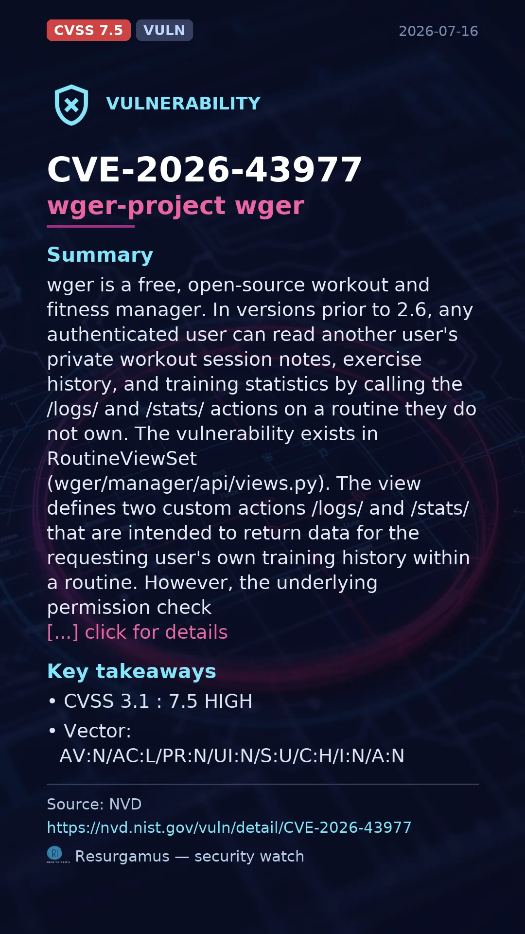 CVE-2026-43977 wger-project wger Vulnerability