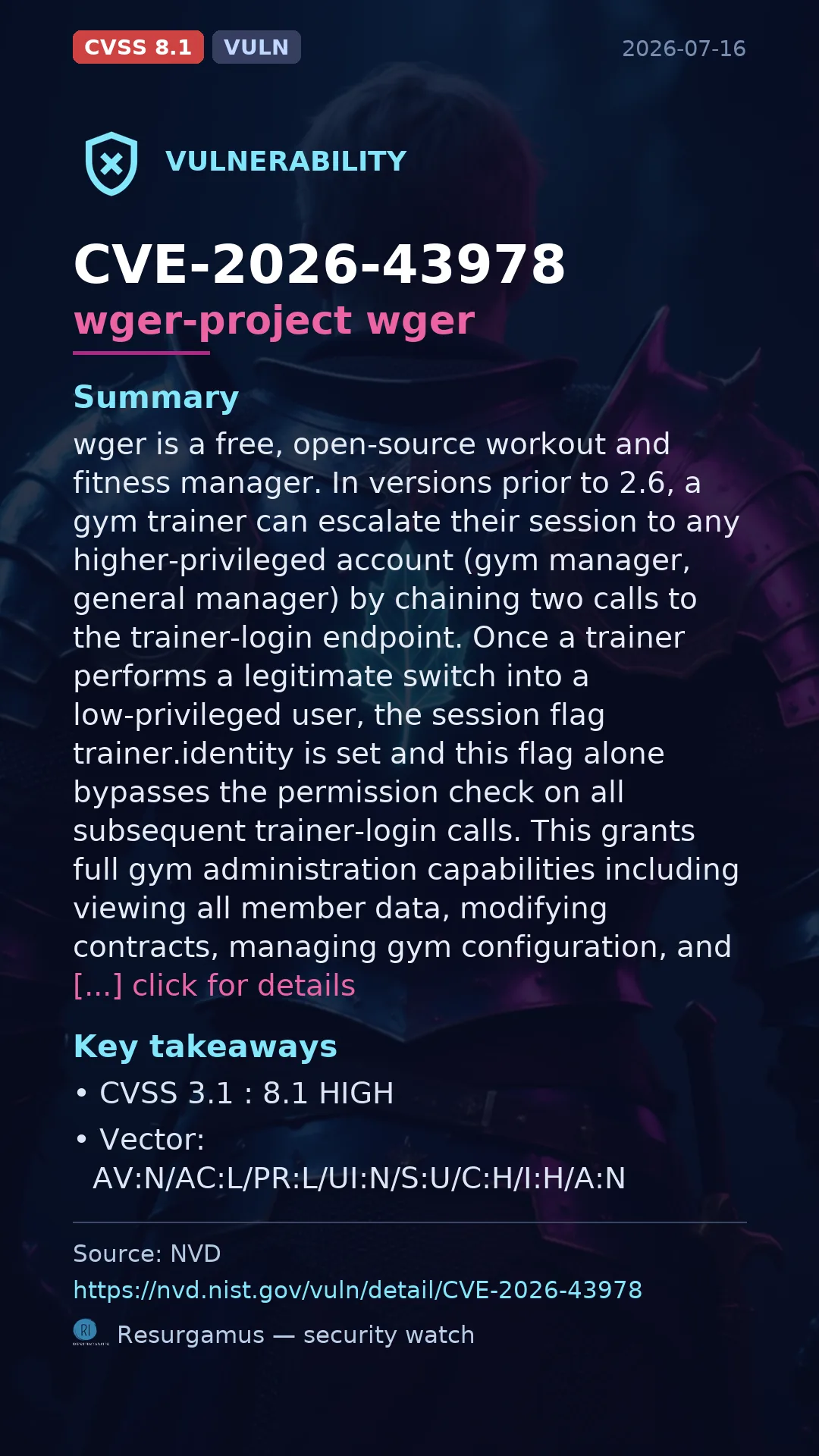 CVE-2026-43978 wger-project wger Vulnerability