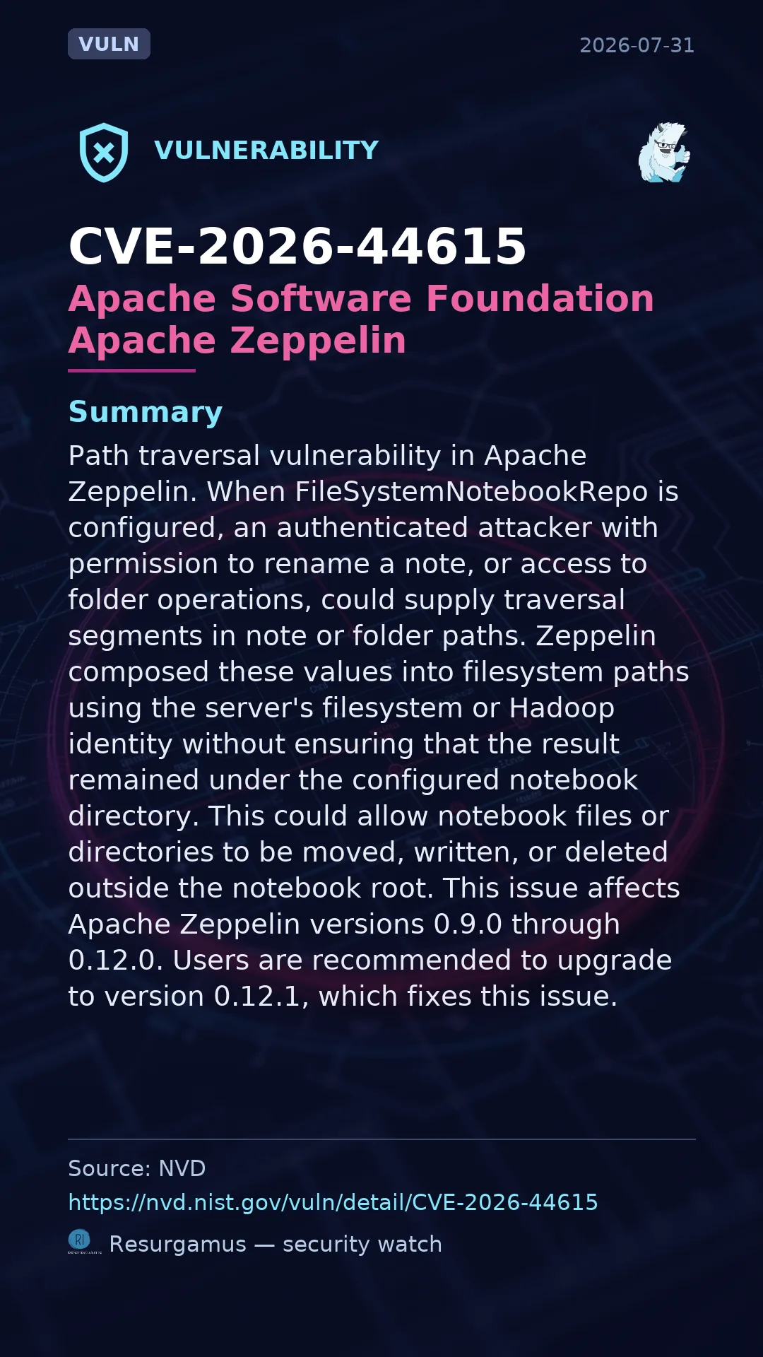 CVE-2026-44615 Apache Software Foundation Apache Zeppelin Vulnerability