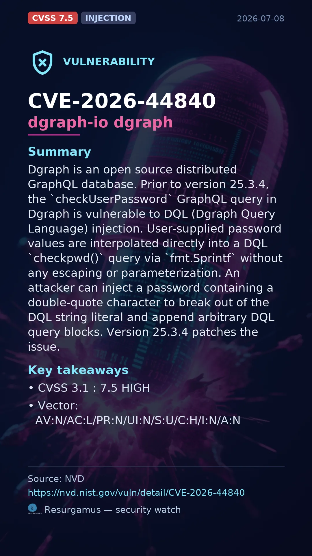 CVE-2026-44840 dgraph-io dgraph Vulnerability