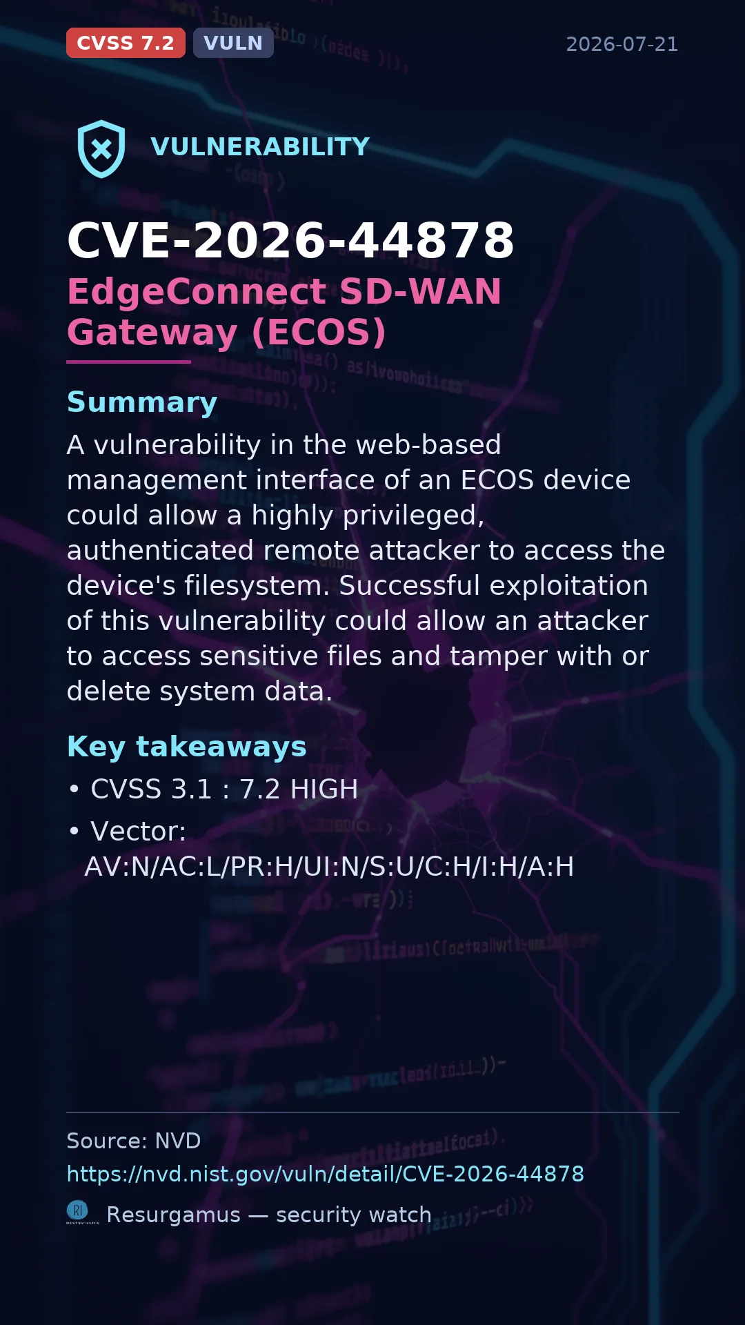 CVE-2026-44878 EdgeConnect SD-WAN Gateway (ECOS) Vulnerability