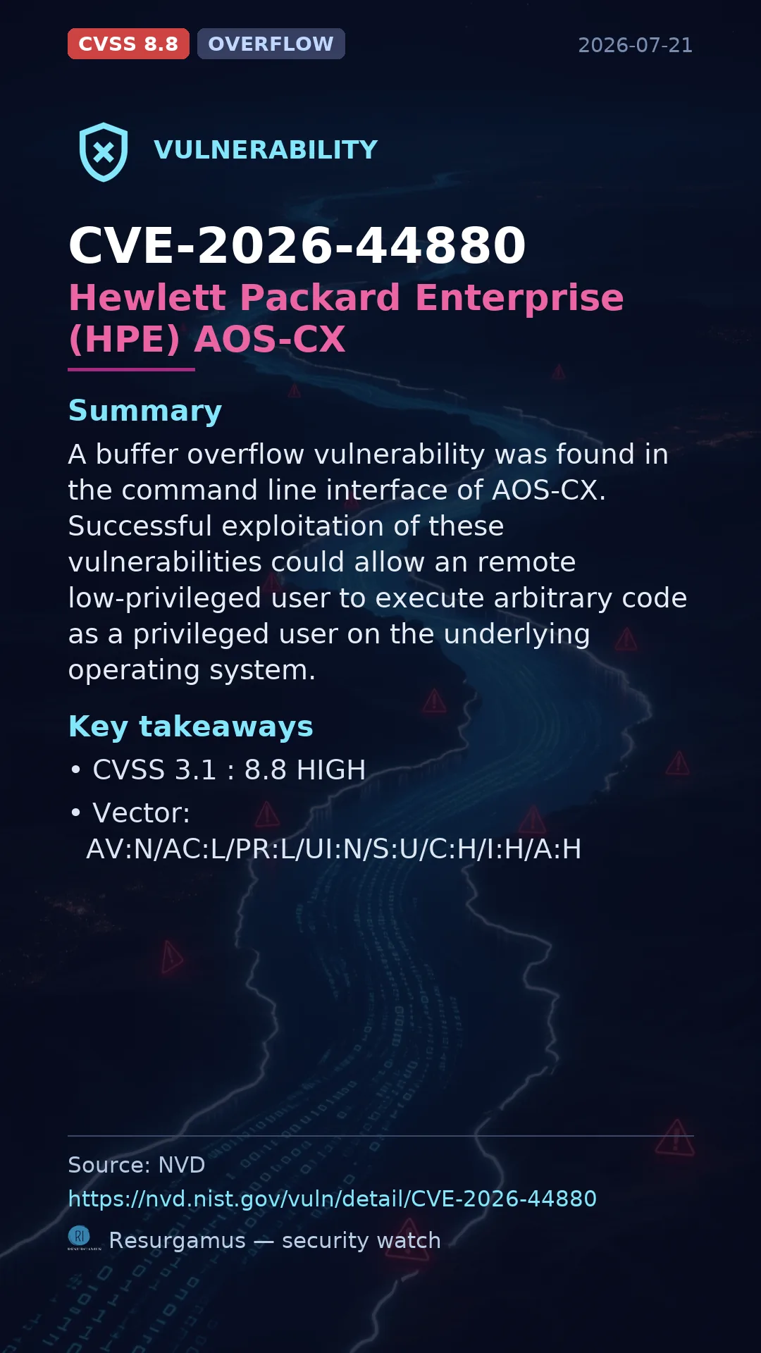 CVE-2026-44880 Hewlett Packard Enterprise (HPE) AOS-CX Vulnerability