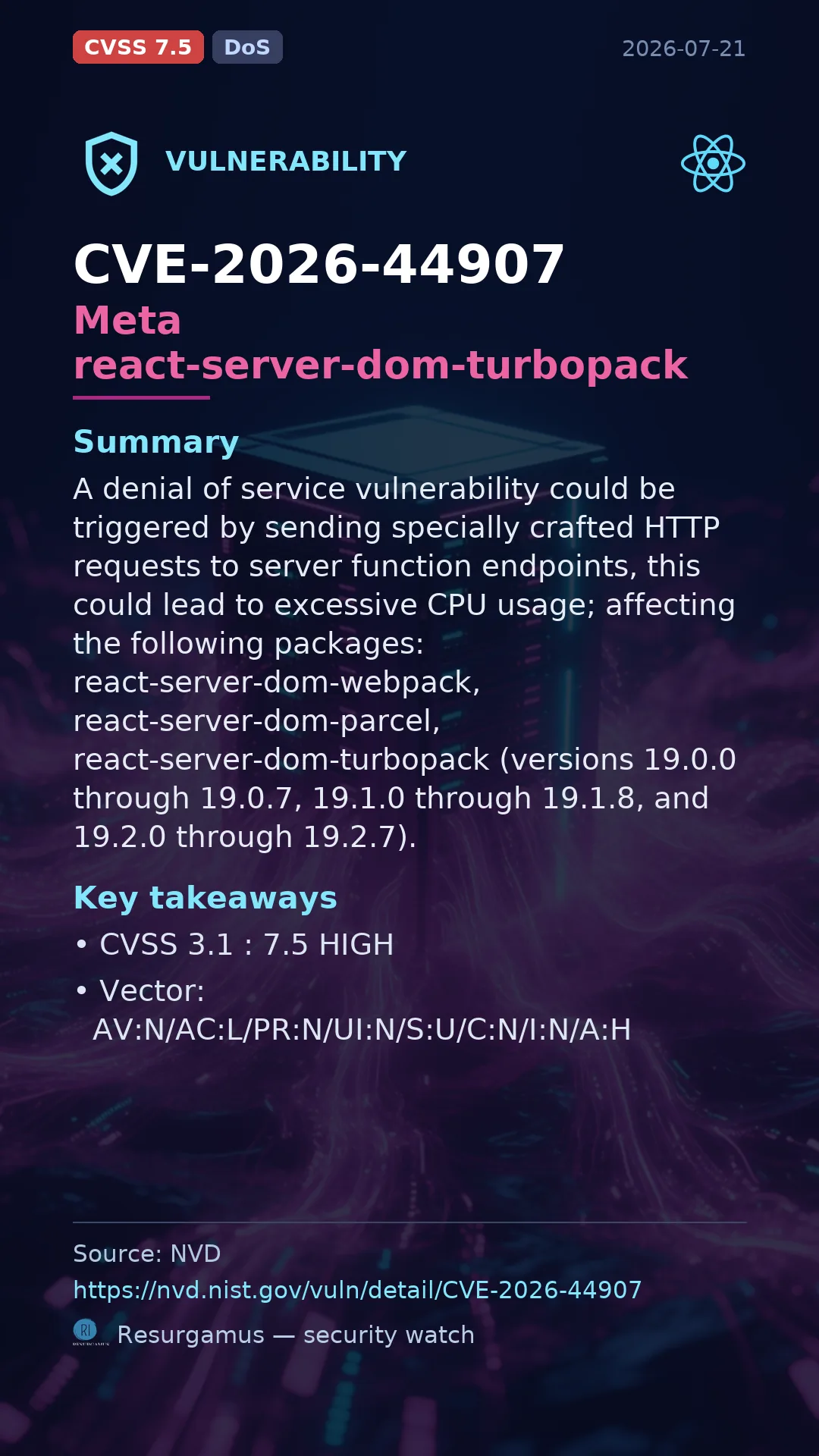 CVE-2026-44907 Meta react-server-dom-turbopack Vulnerability