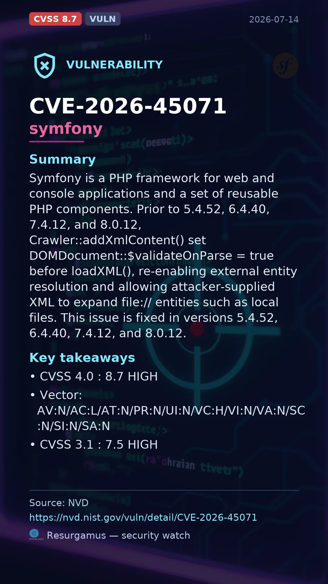 CVE-2026-45071 symfony Vulnerability