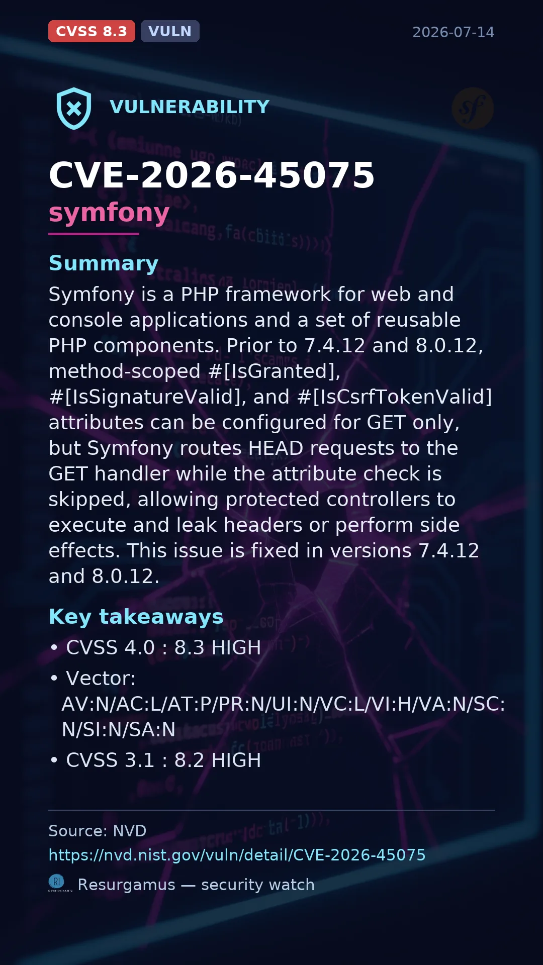CVE-2026-45075 symfony Vulnerability