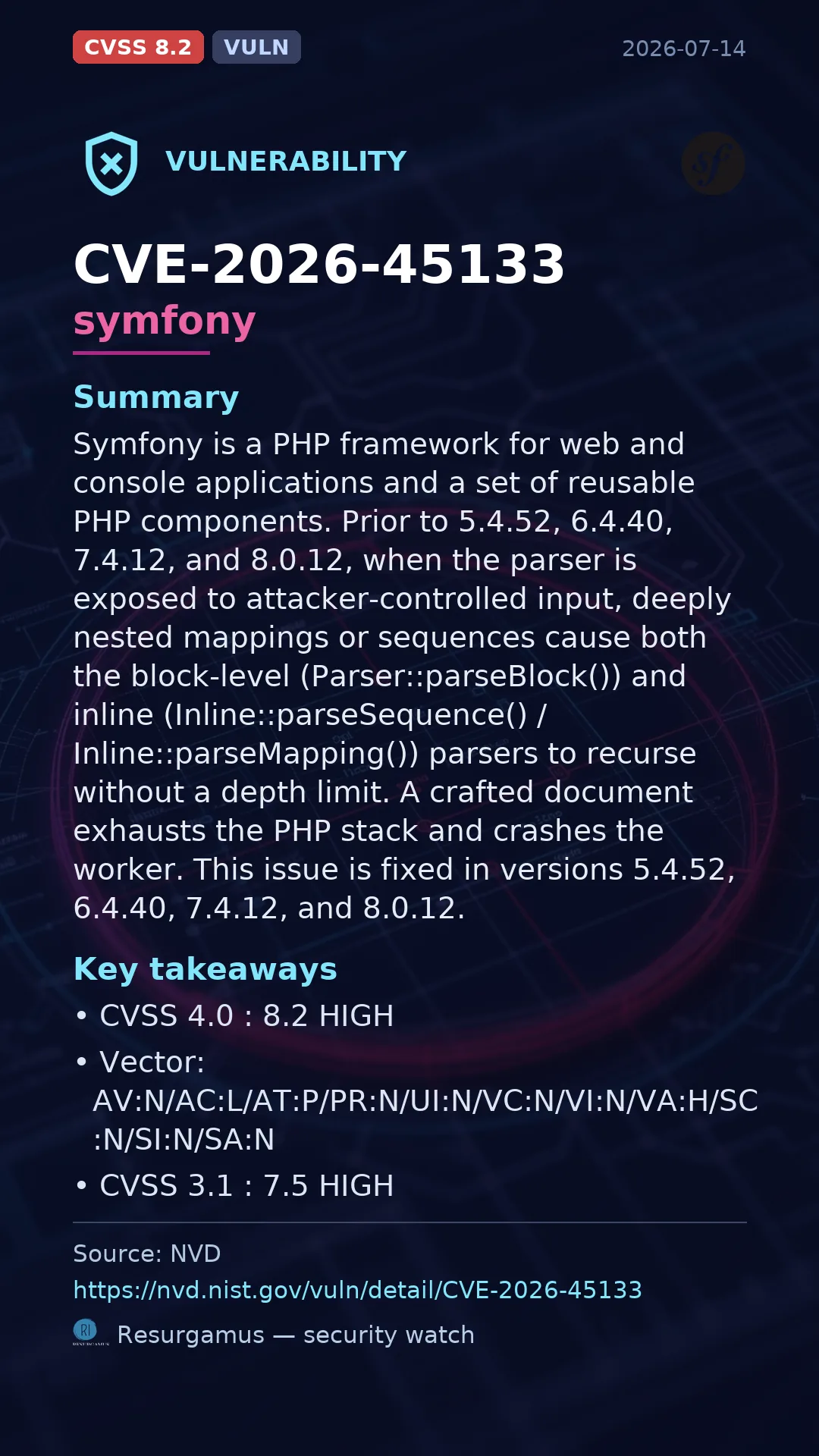 CVE-2026-45133 symfony Vulnerability