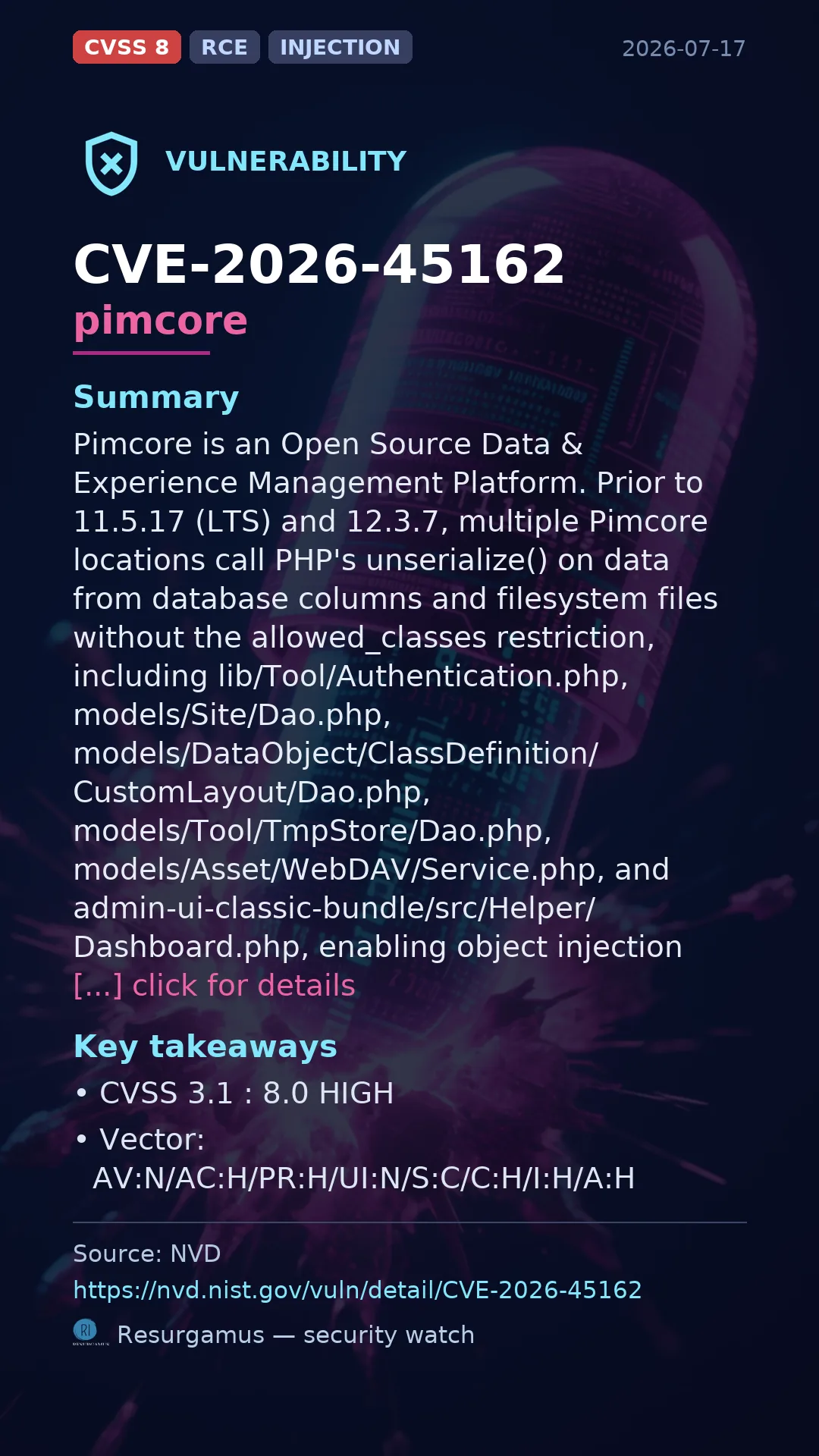 CVE-2026-45162 pimcore Vulnerability