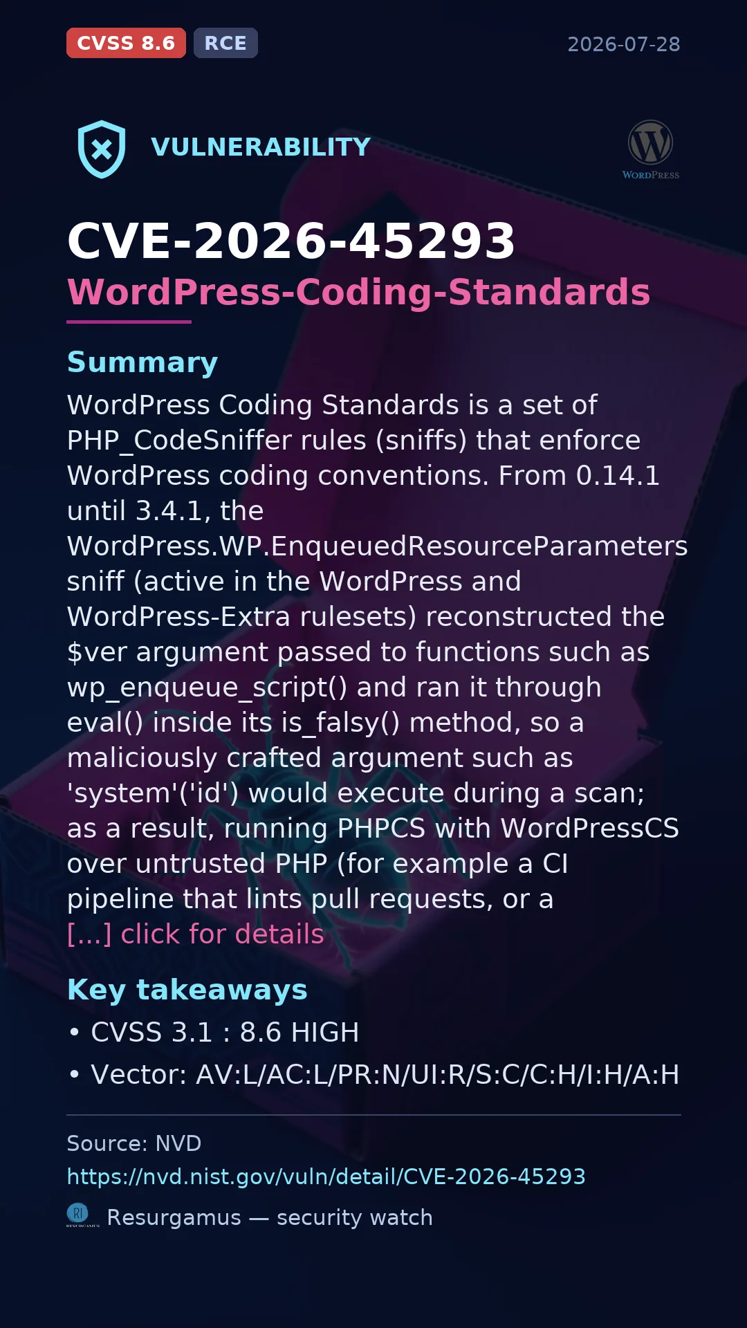 CVE-2026-45293 WordPress-Coding-Standards Vulnerability