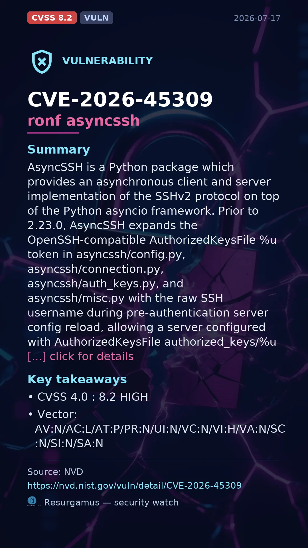 CVE-2026-45309 ronf asyncssh Vulnerability