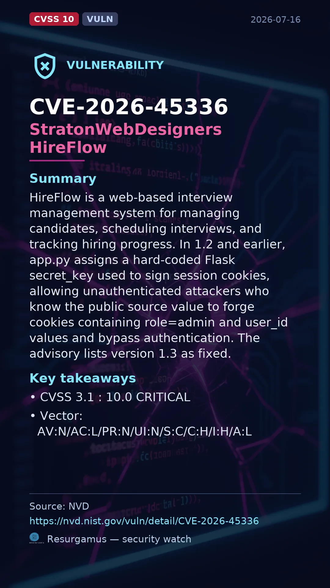 CVE-2026-45336 StratonWebDesigners HireFlow Vulnerability