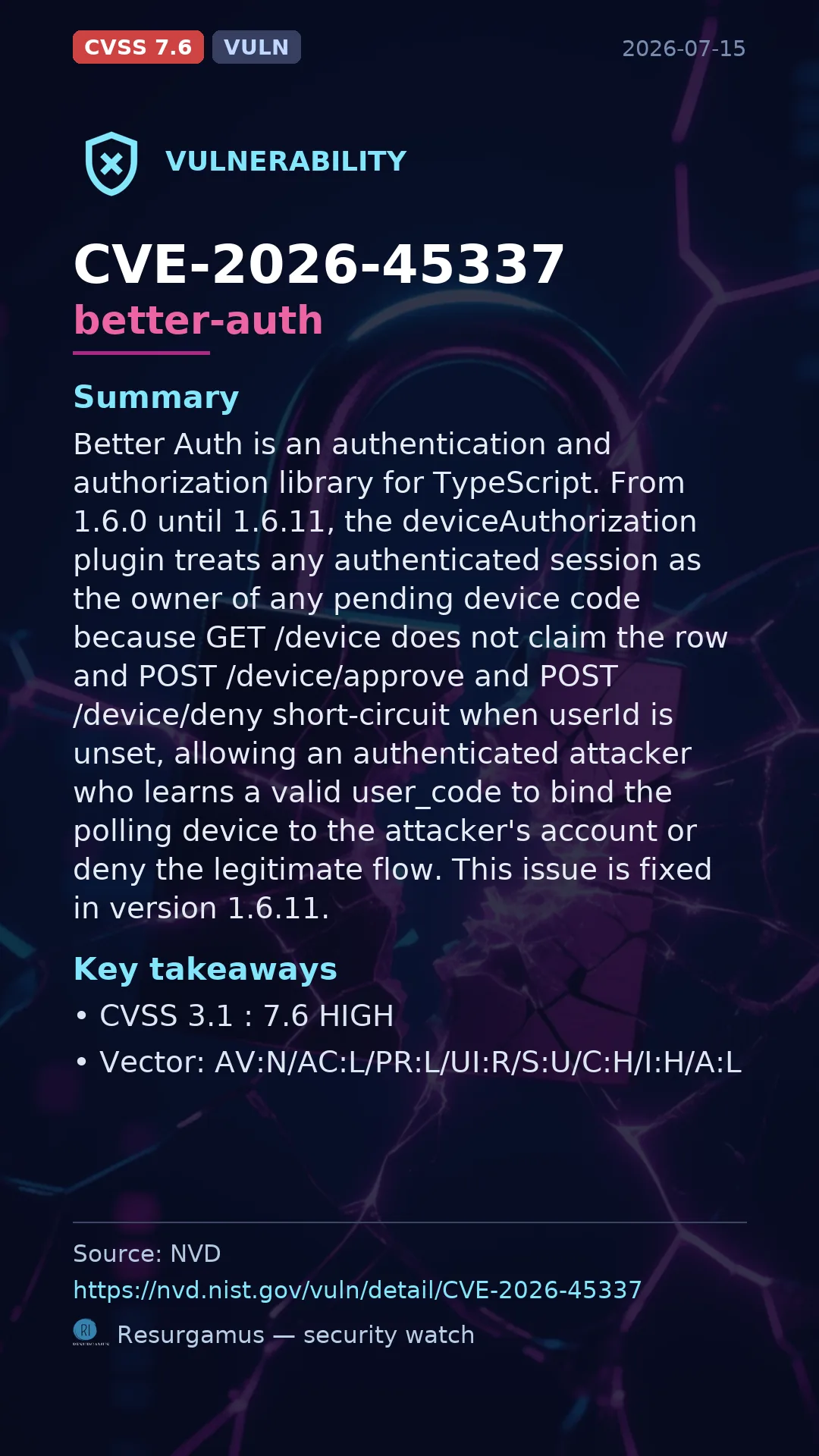 CVE-2026-45337 better-auth Vulnerability