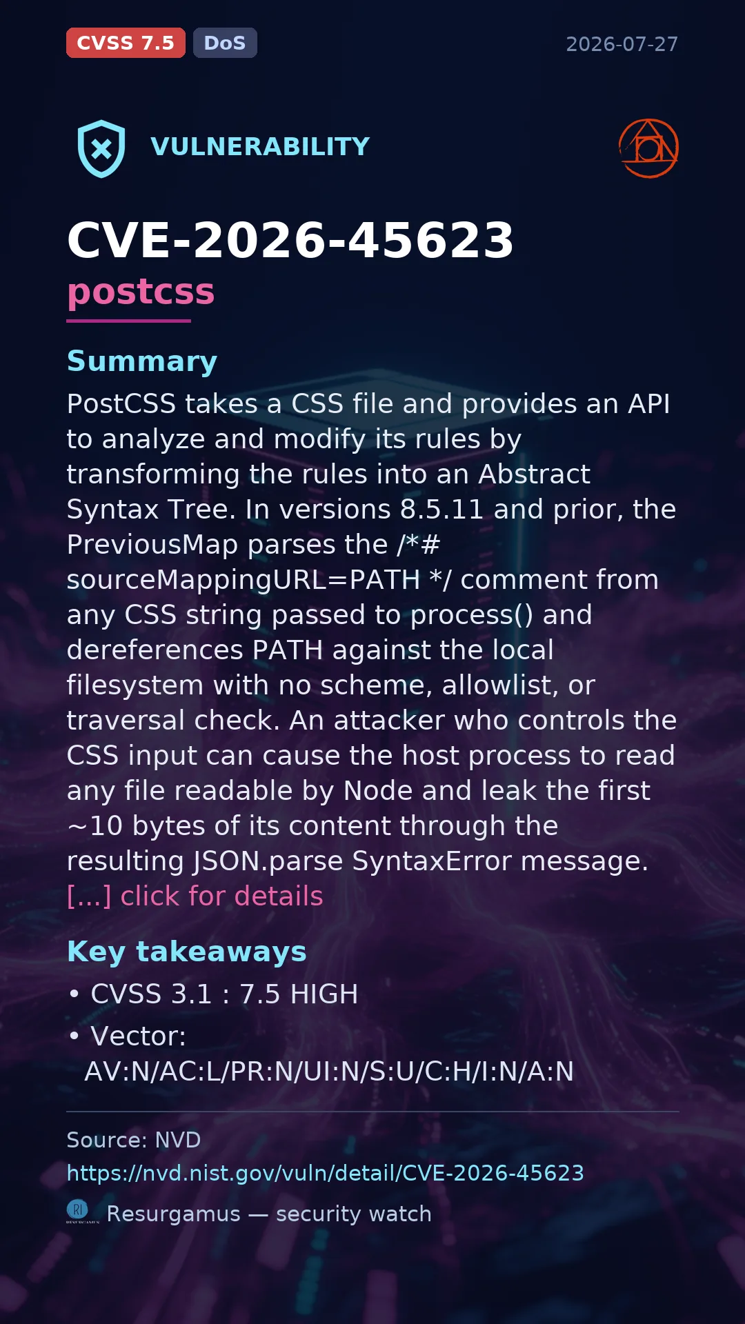 CVE-2026-45623 postcss Vulnerability