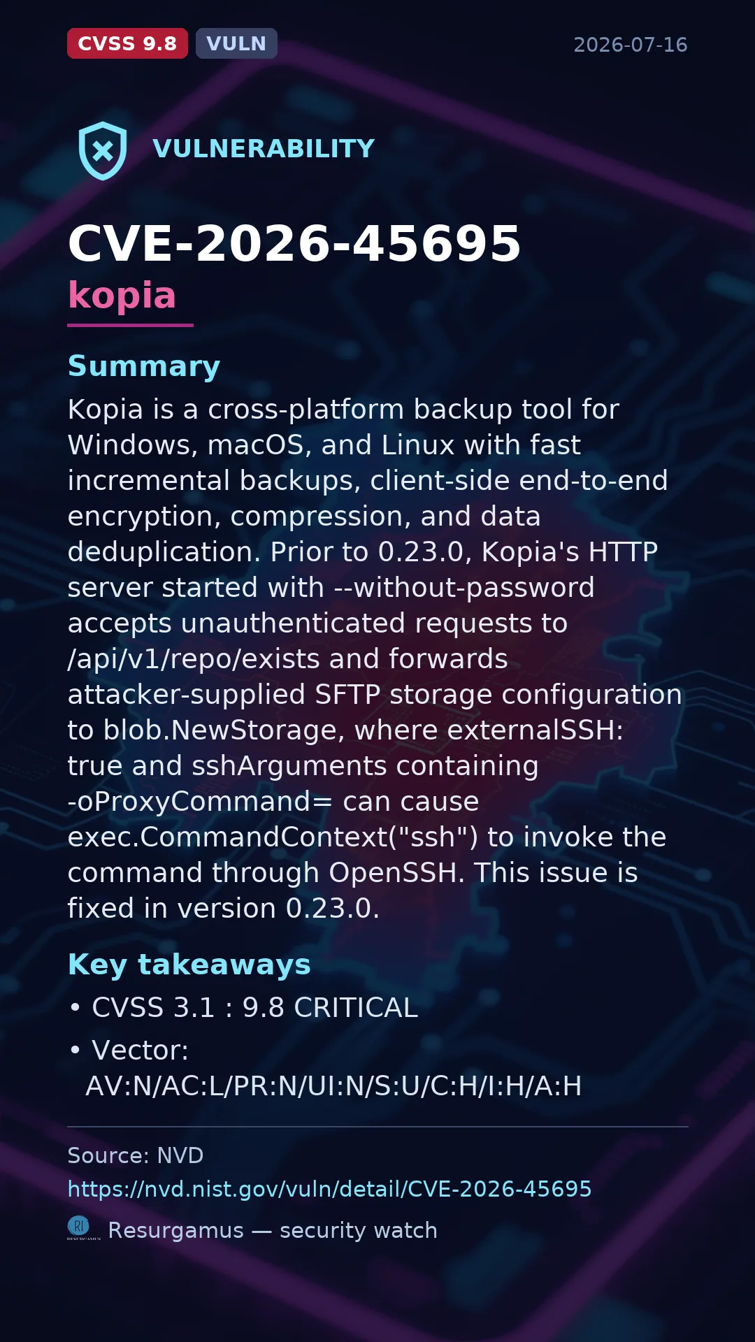 CVE-2026-45695 kopia Vulnerability