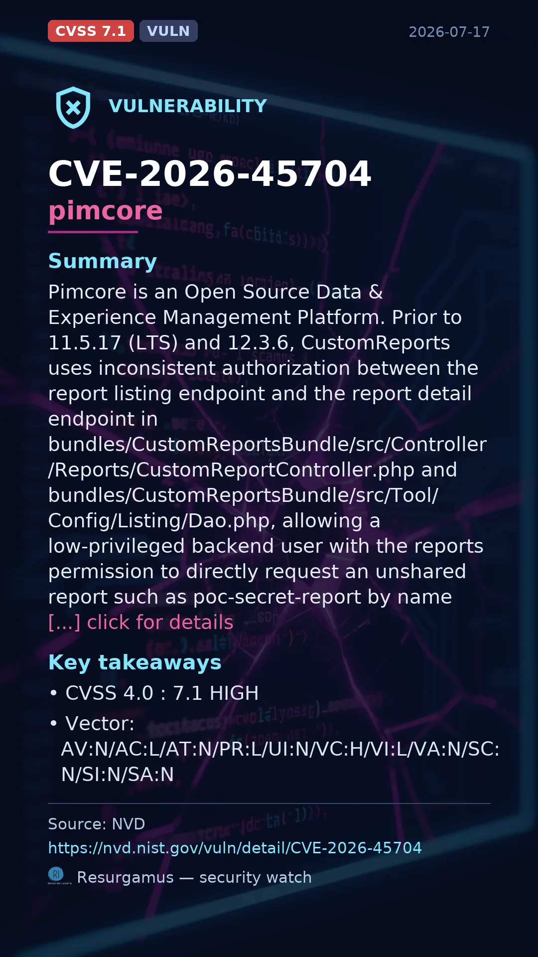 CVE-2026-45704 pimcore Vulnerability