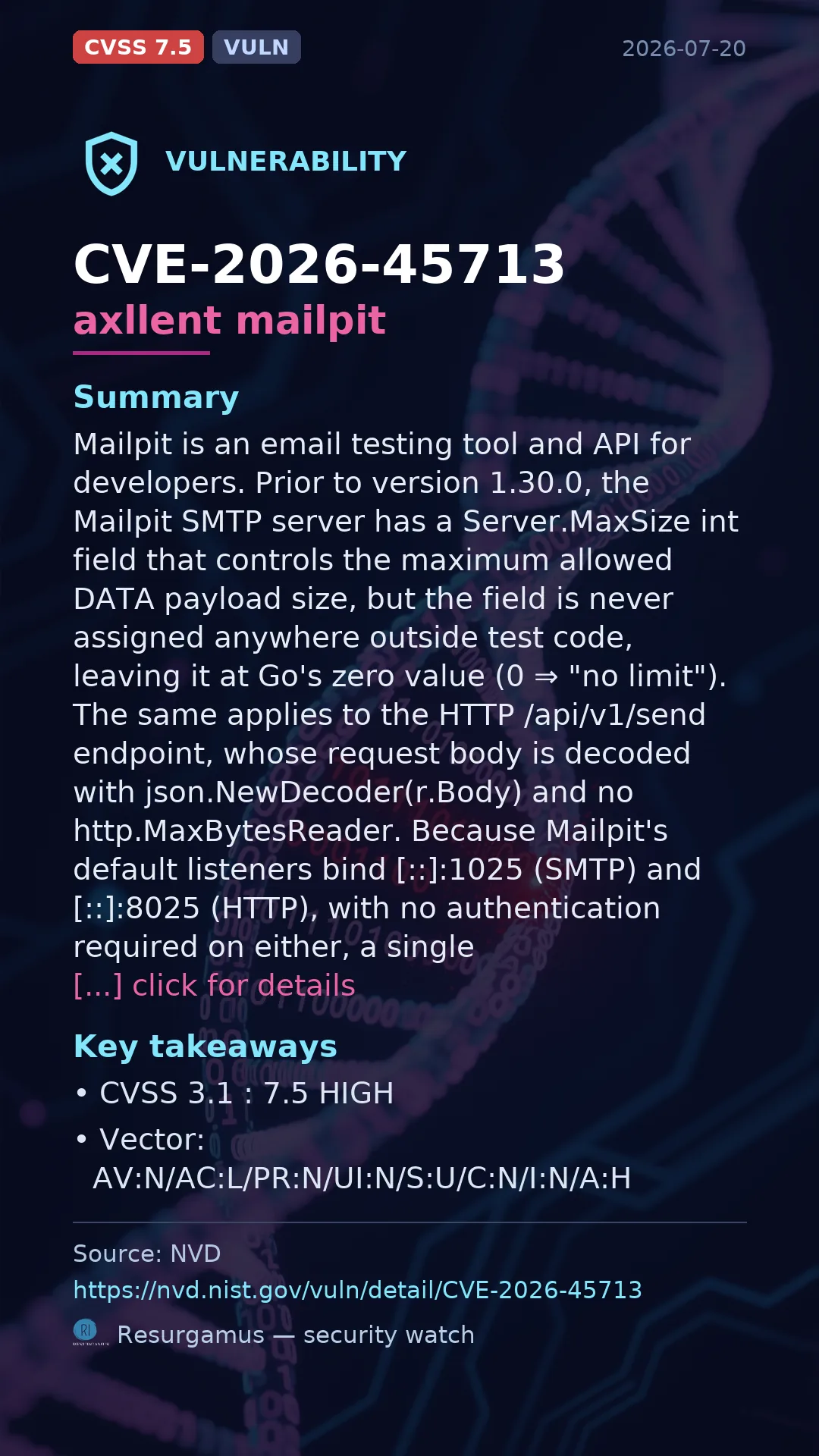 CVE-2026-45713 axllent mailpit Vulnerability