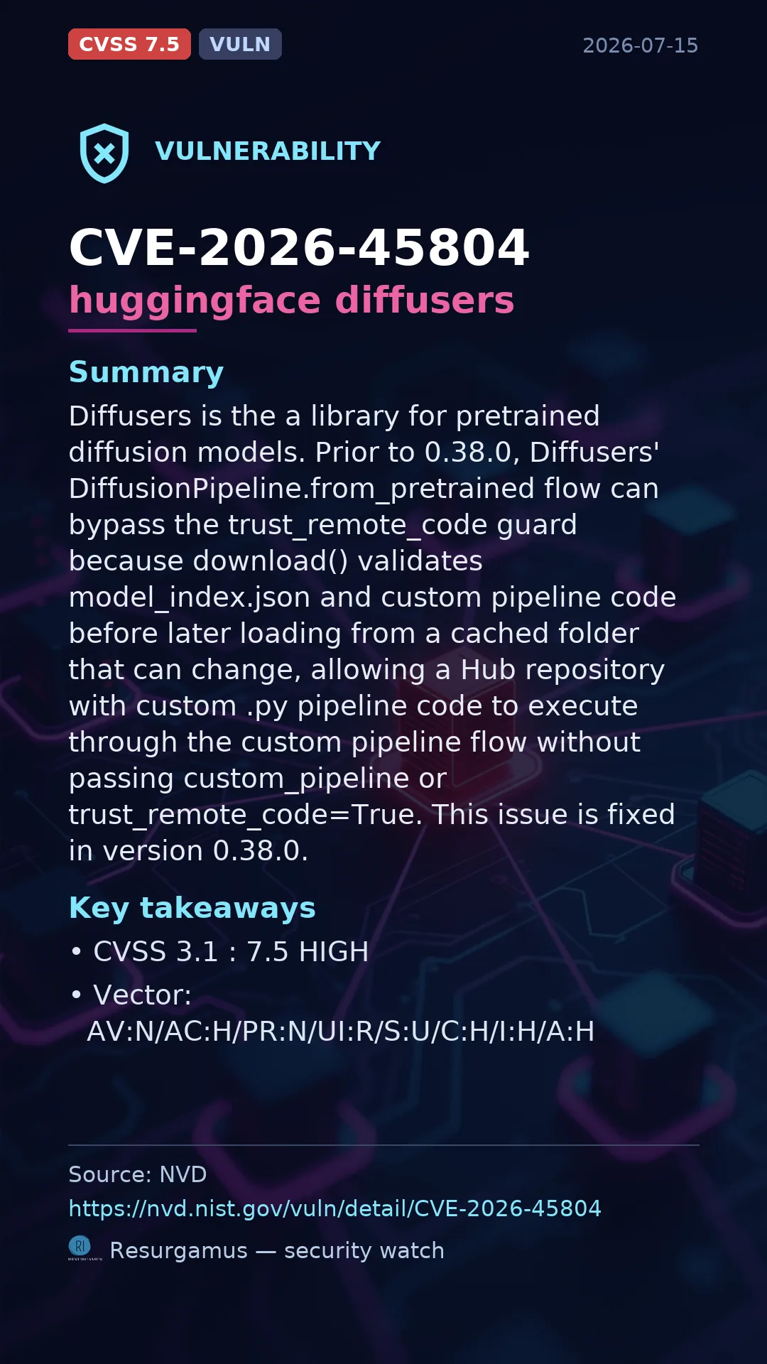 CVE-2026-45804 huggingface diffusers Vulnerability