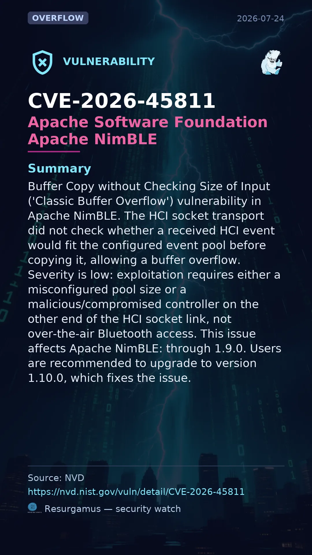 CVE-2026-45811 - Apache Software Foundation Apache NimBLE vulnerability