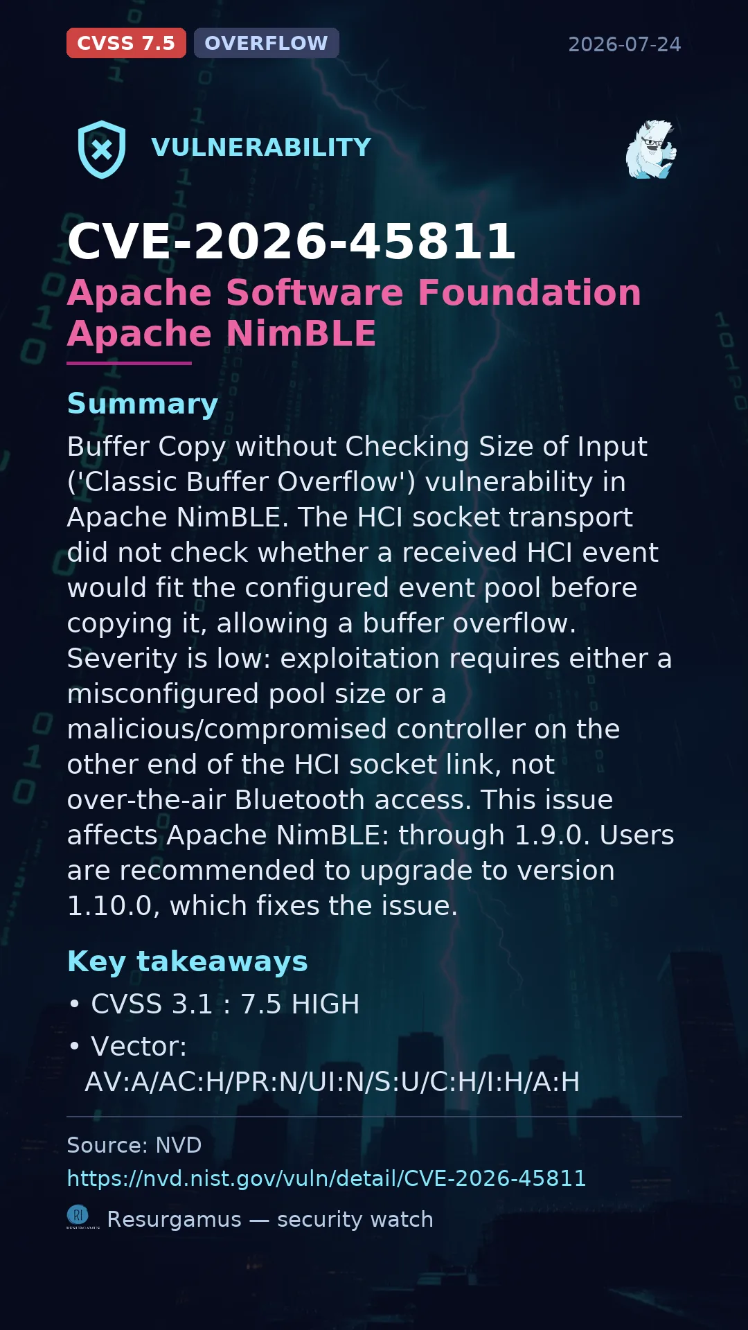CVE-2026-45811 - Apache Software Foundation Apache NimBLE vulnerability