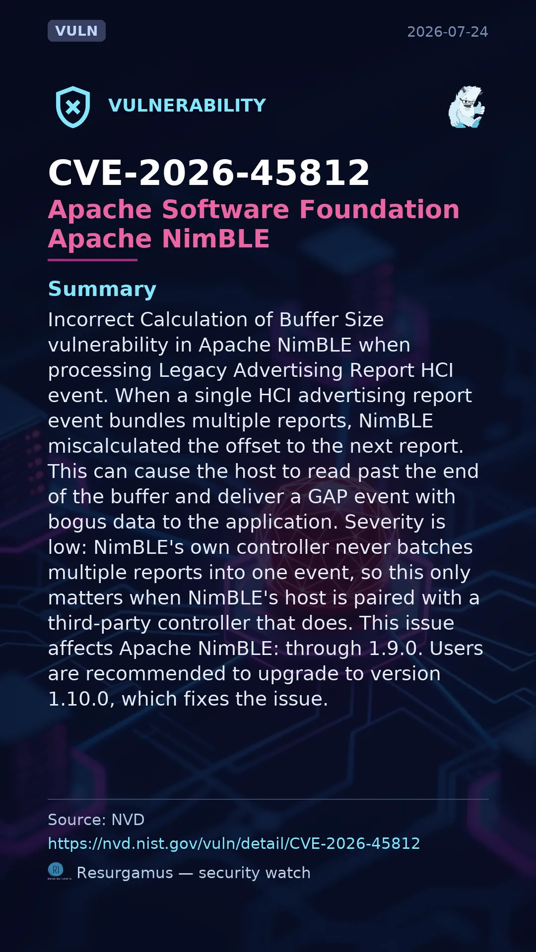 CVE-2026-45812 - Apache Software Foundation Apache NimBLE vulnerability