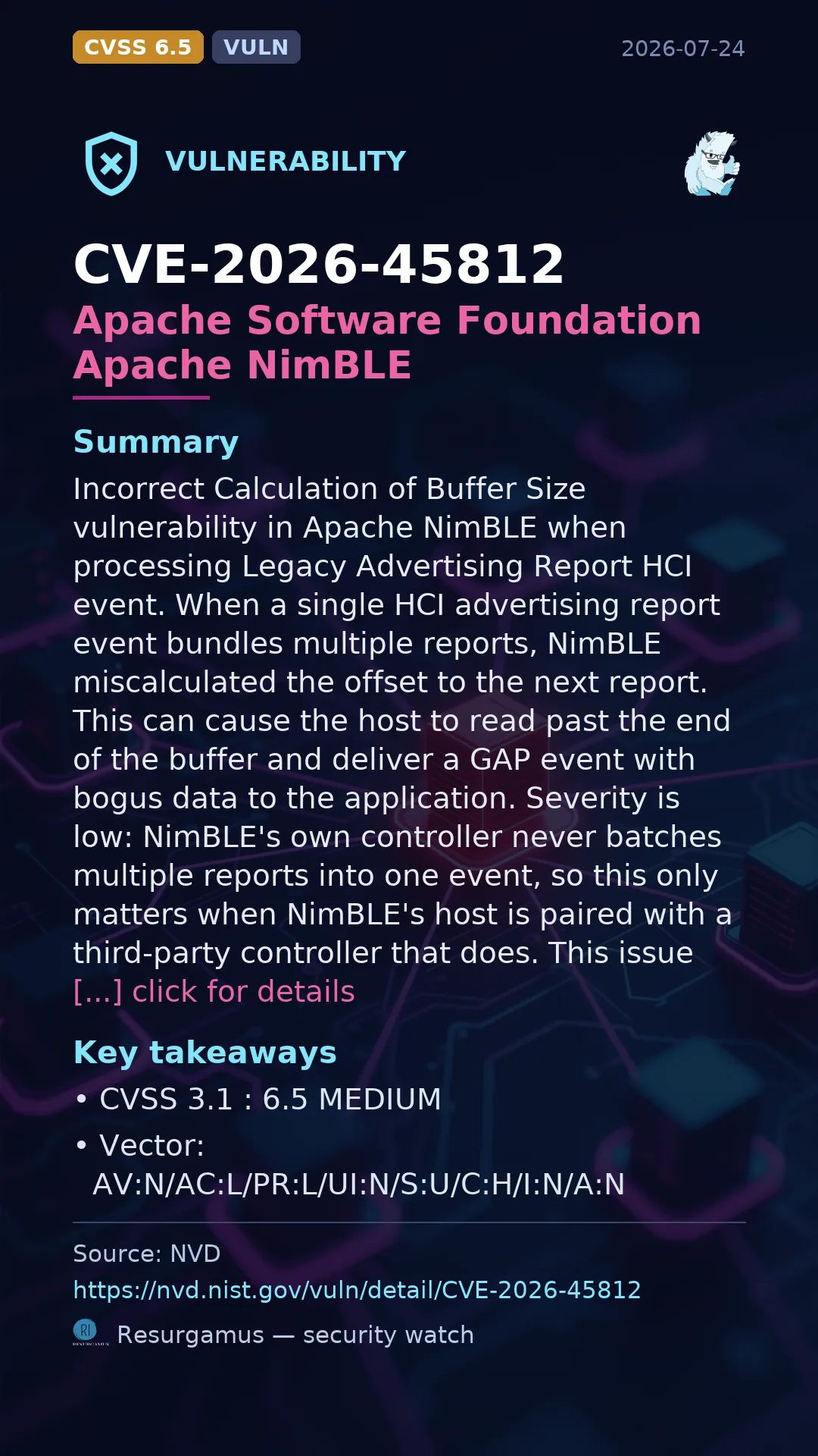 CVE-2026-45812 - Apache Software Foundation Apache NimBLE vulnerability