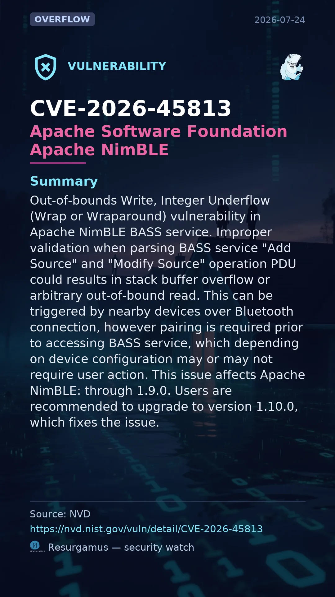 CVE-2026-45813 - Apache Software Foundation Apache NimBLE vulnerability