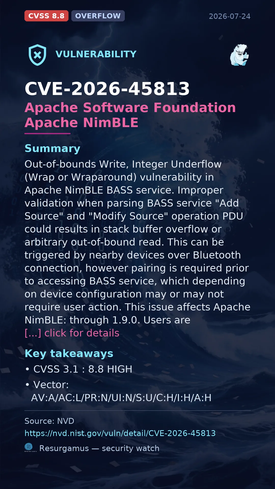 CVE-2026-45813 - Apache Software Foundation Apache NimBLE vulnerability