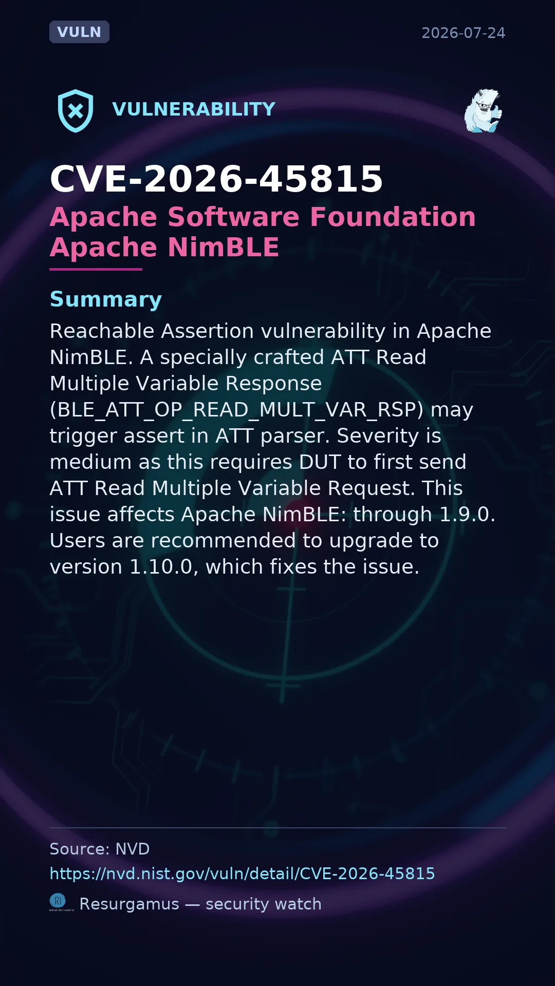CVE-2026-45815 - Apache Software Foundation Apache NimBLE vulnerability