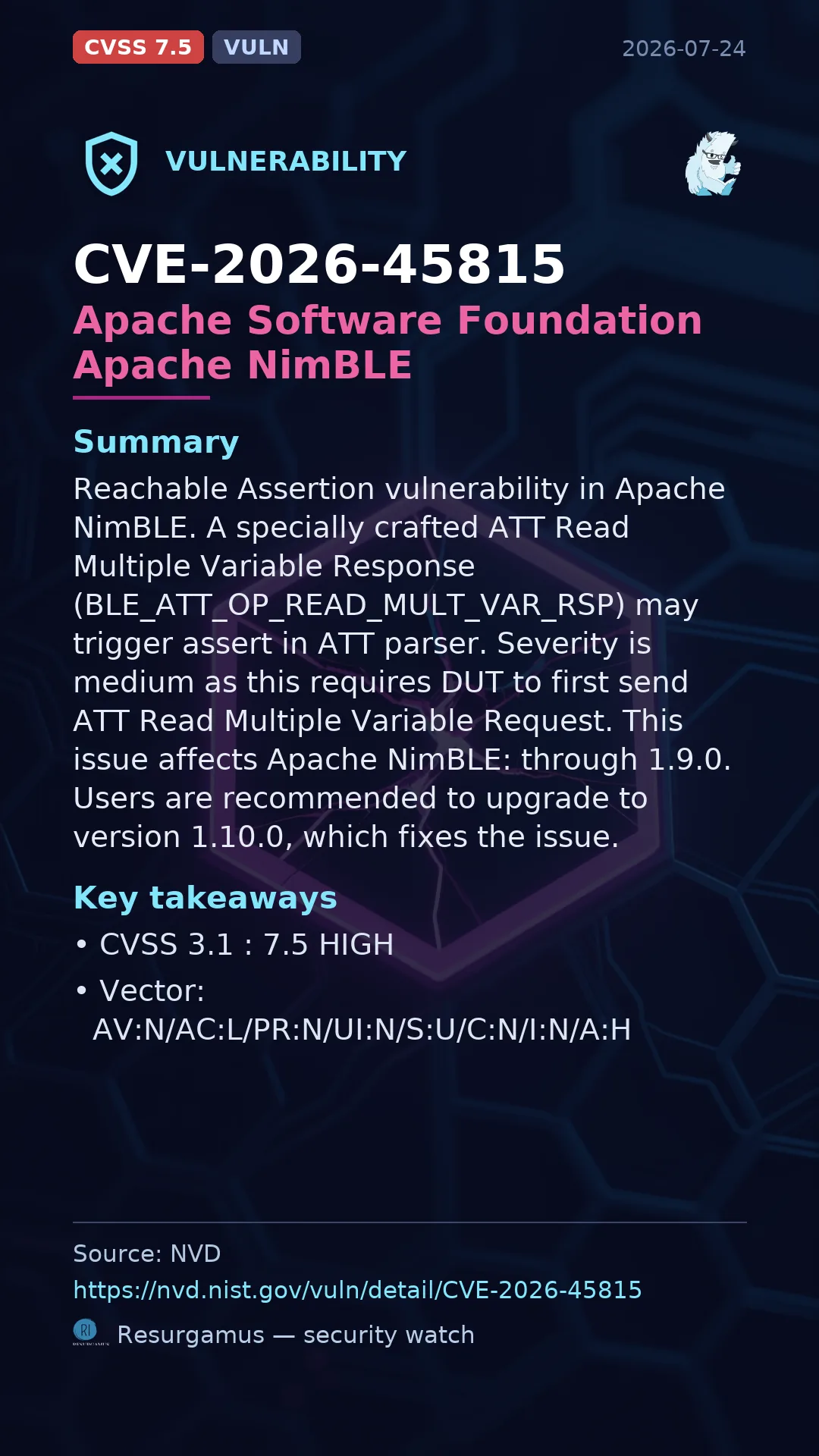 CVE-2026-45815 - Apache Software Foundation Apache NimBLE vulnerability