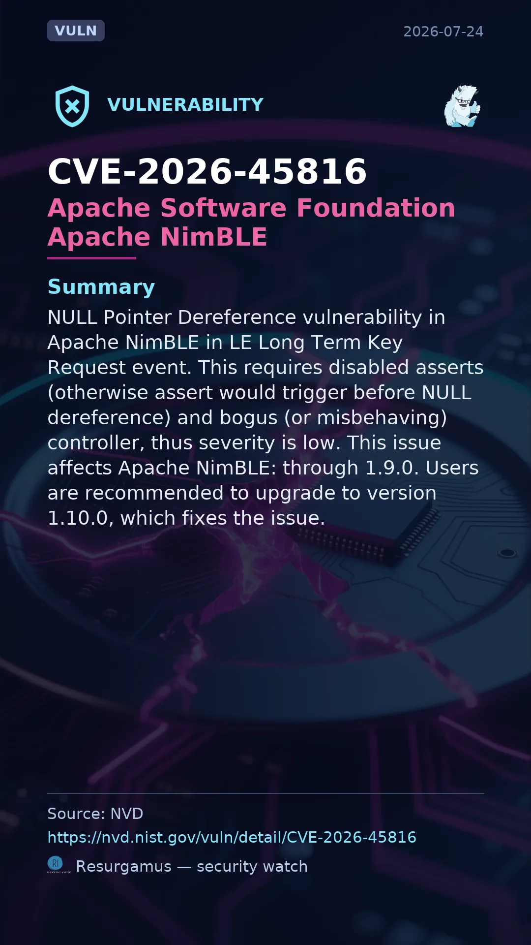 CVE-2026-45816 - Apache Software Foundation Apache NimBLE vulnerability