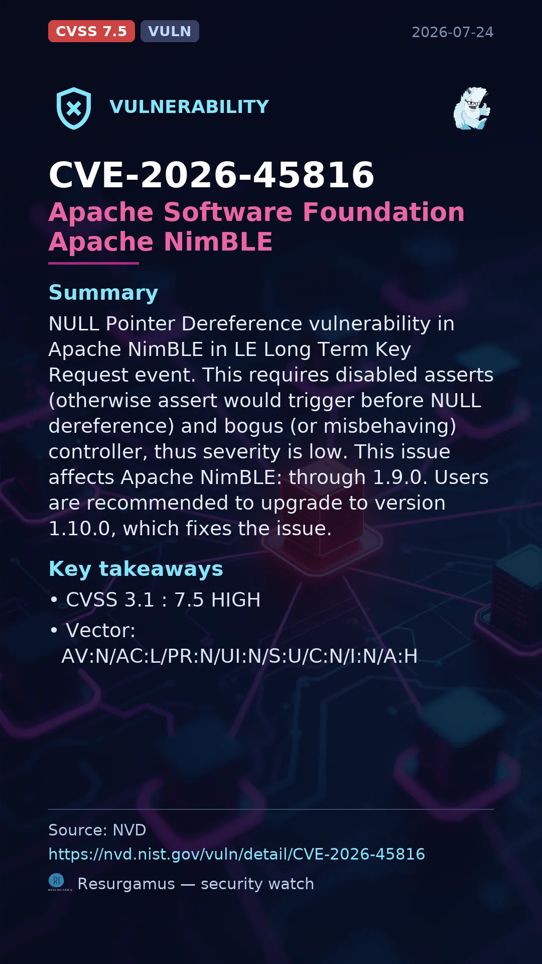 CVE-2026-45816 - Apache Software Foundation Apache NimBLE vulnerability