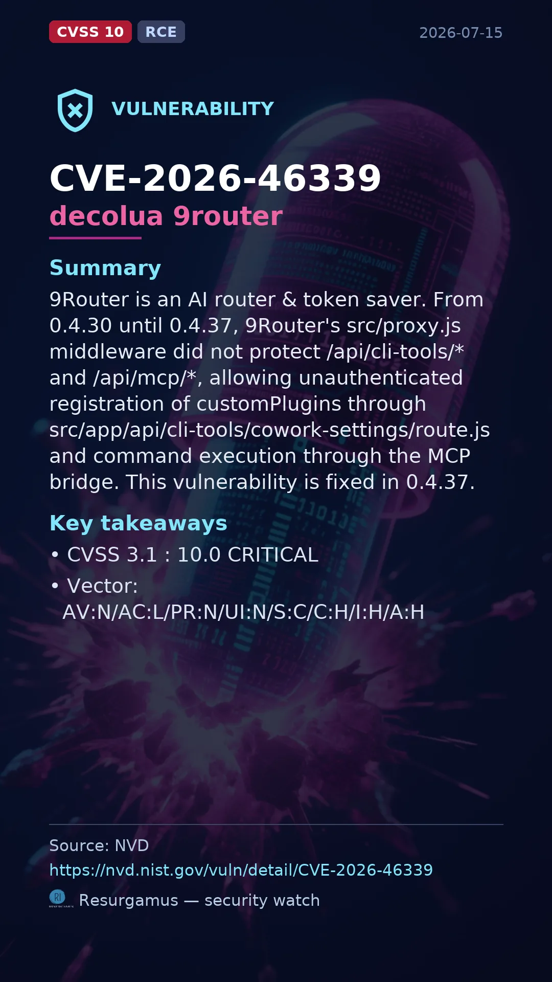 CVE-2026-46339 decolua 9router Vulnerability