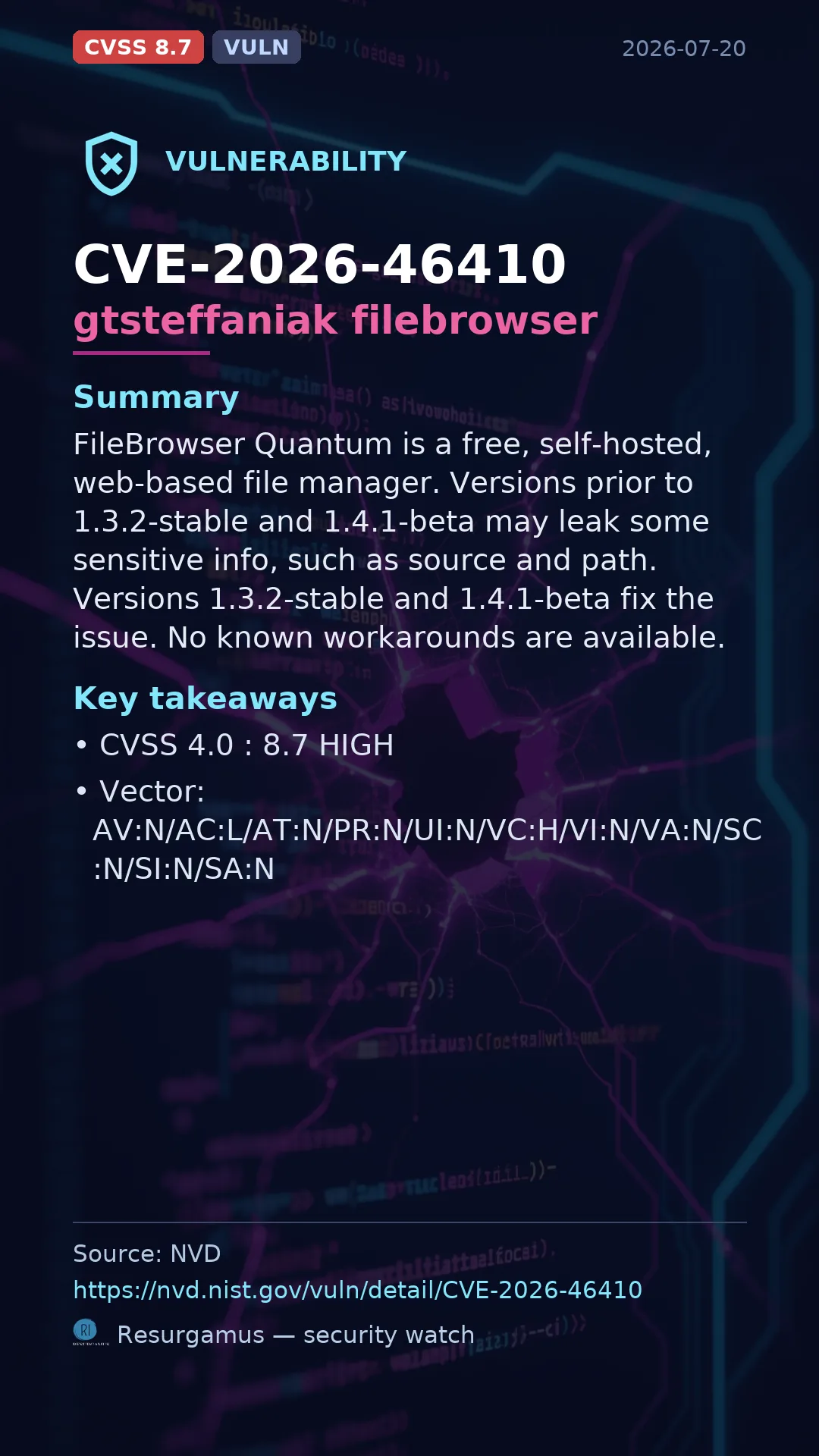 CVE-2026-46410 gtsteffaniak filebrowser Vulnerability