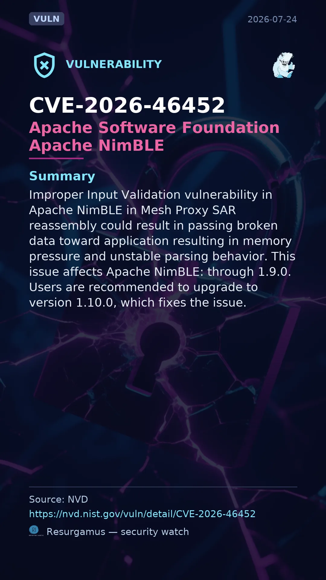 CVE-2026-46452 - Apache Software Foundation Apache NimBLE vulnerability