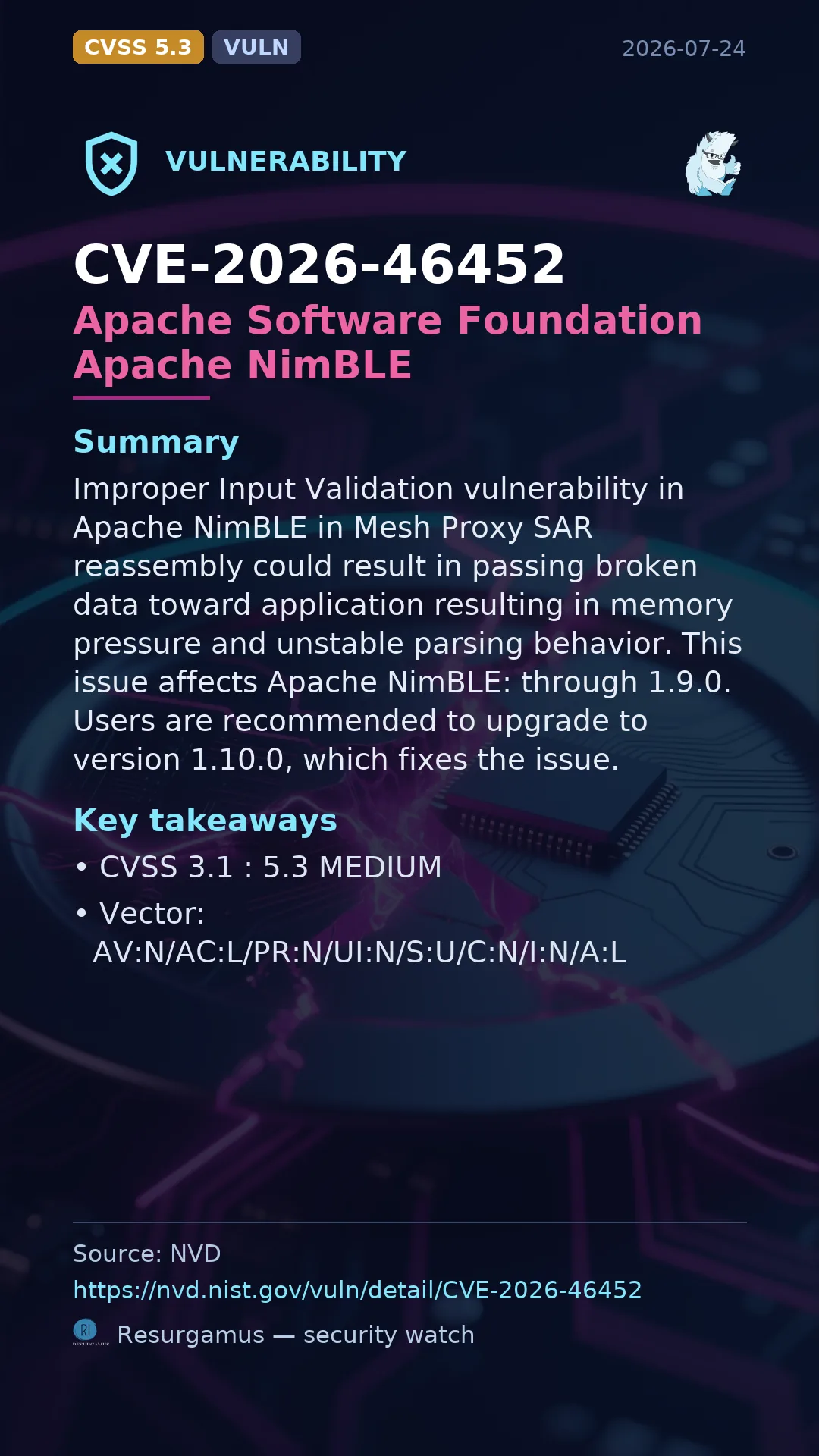 CVE-2026-46452 - Apache Software Foundation Apache NimBLE vulnerability