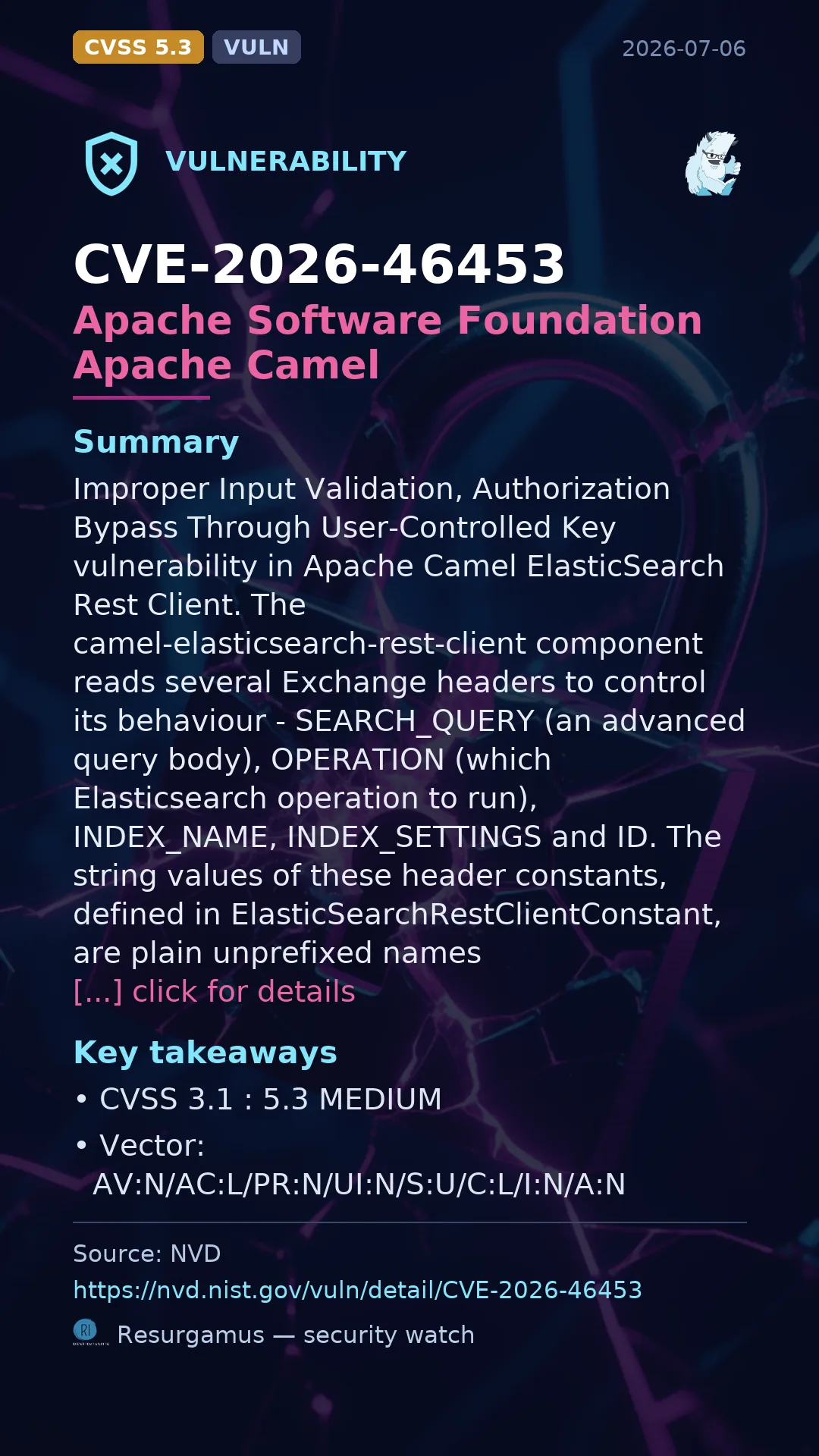 CVE-2026-46453 Apache Software Foundation Apache Camel Vulnerability