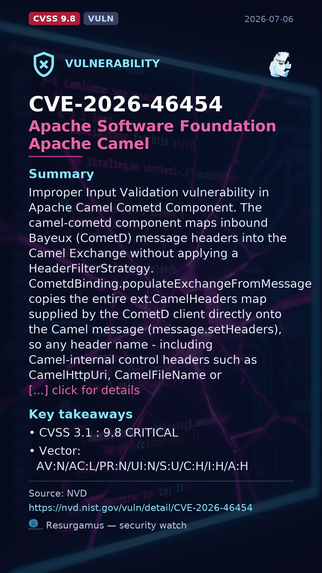 CVE-2026-46454 Apache Software Foundation Apache Camel Vulnerability