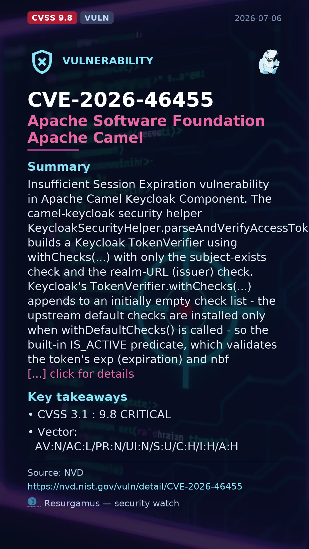CVE-2026-46455 Apache Software Foundation Apache Camel Vulnerability