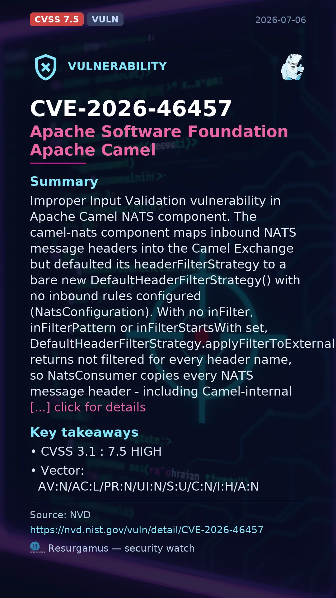 CVE-2026-46457 Apache Software Foundation Apache Camel Vulnerability