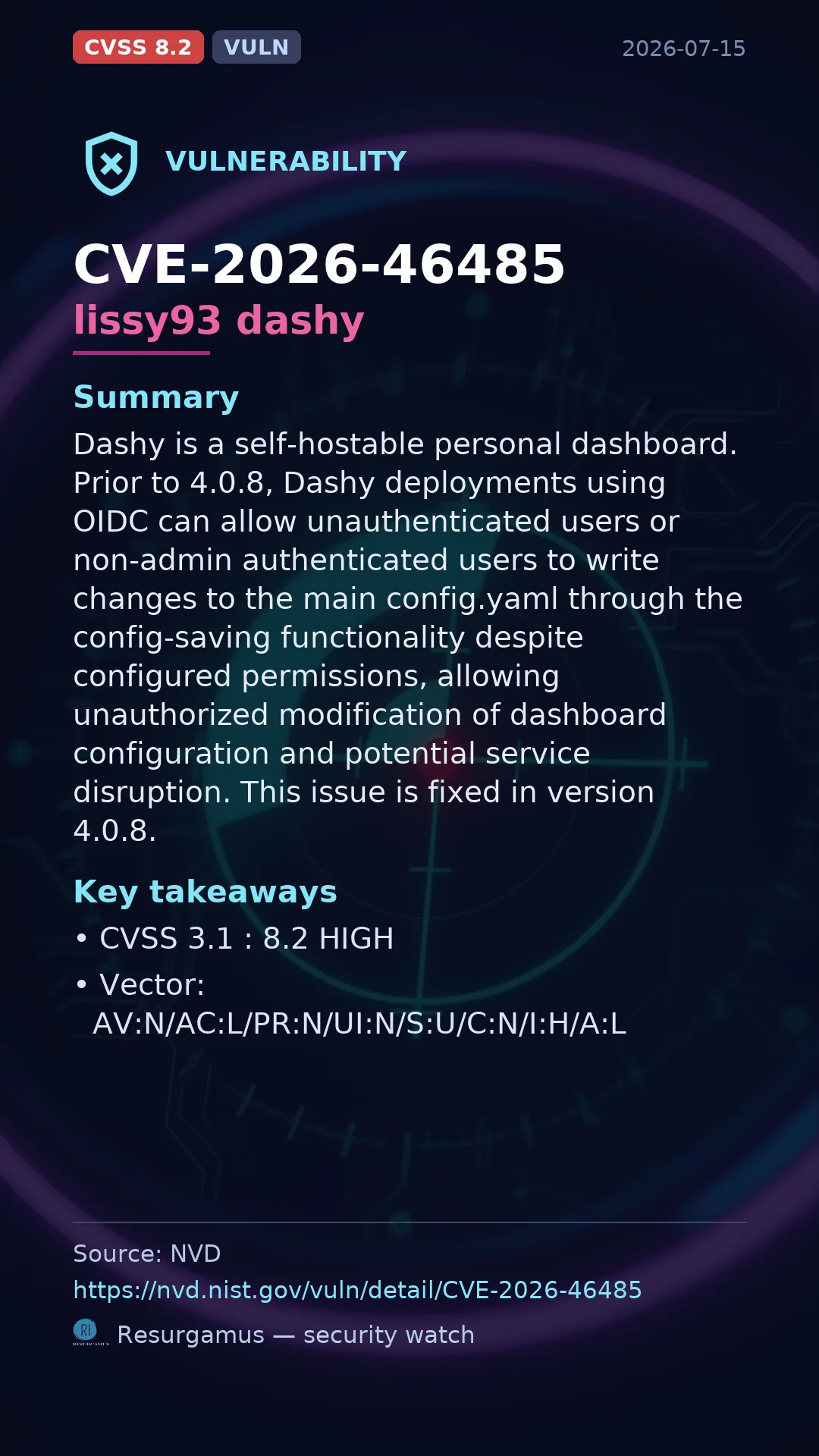 CVE-2026-46485 lissy93 dashy Vulnerability