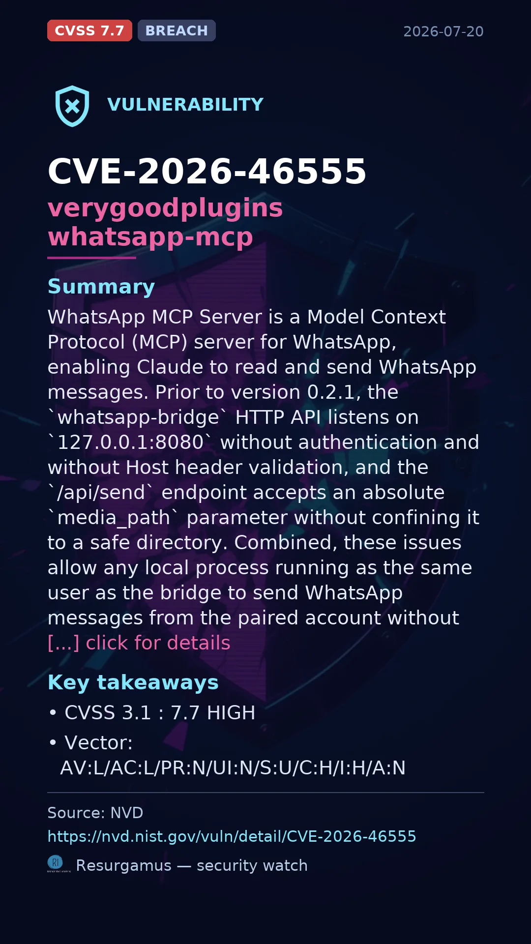 CVE-2026-46555 verygoodplugins whatsapp-mcp Vulnerability
