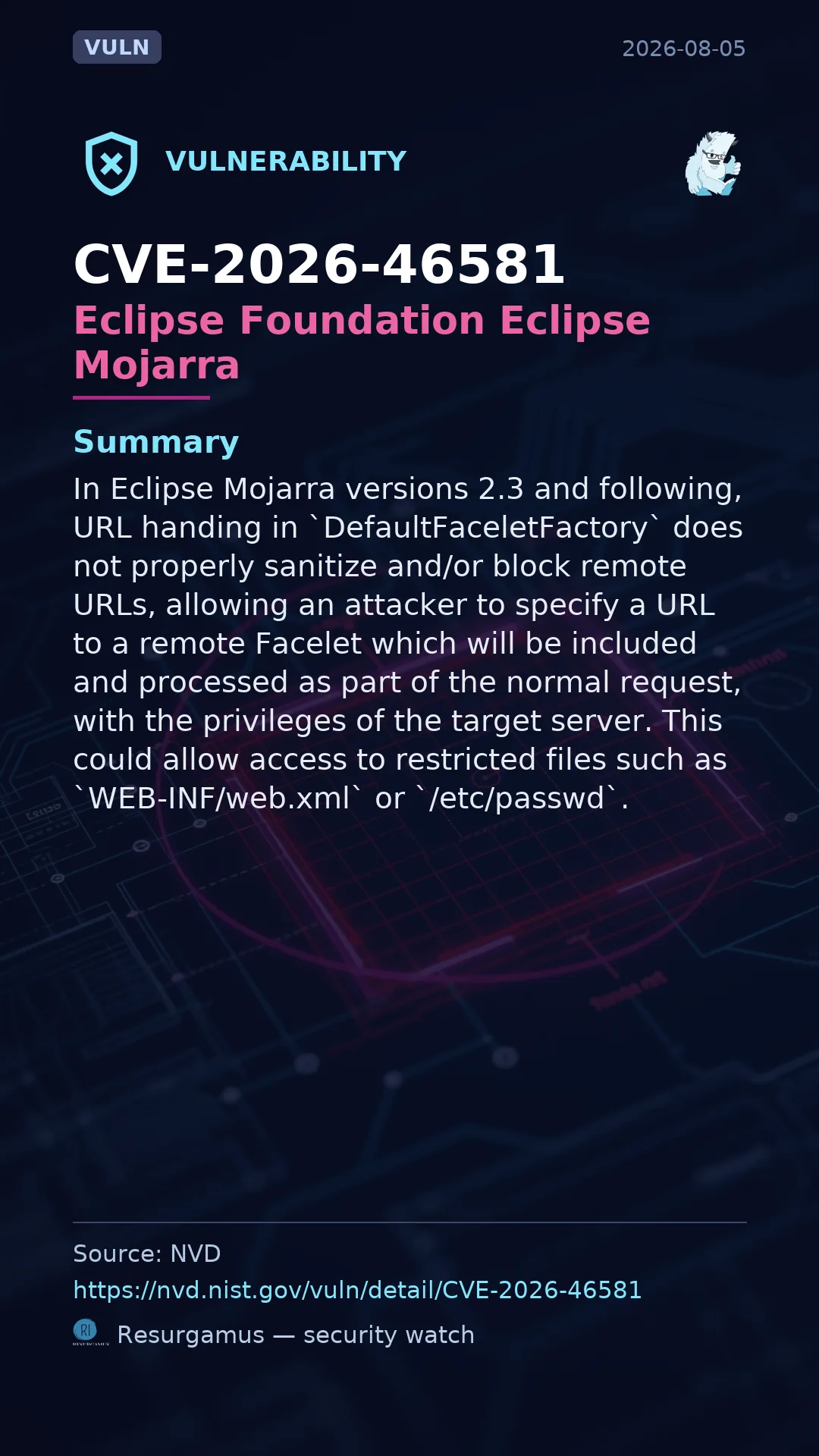 CVE-2026-46581 Eclipse Foundation Eclipse Mojarra Vulnerability