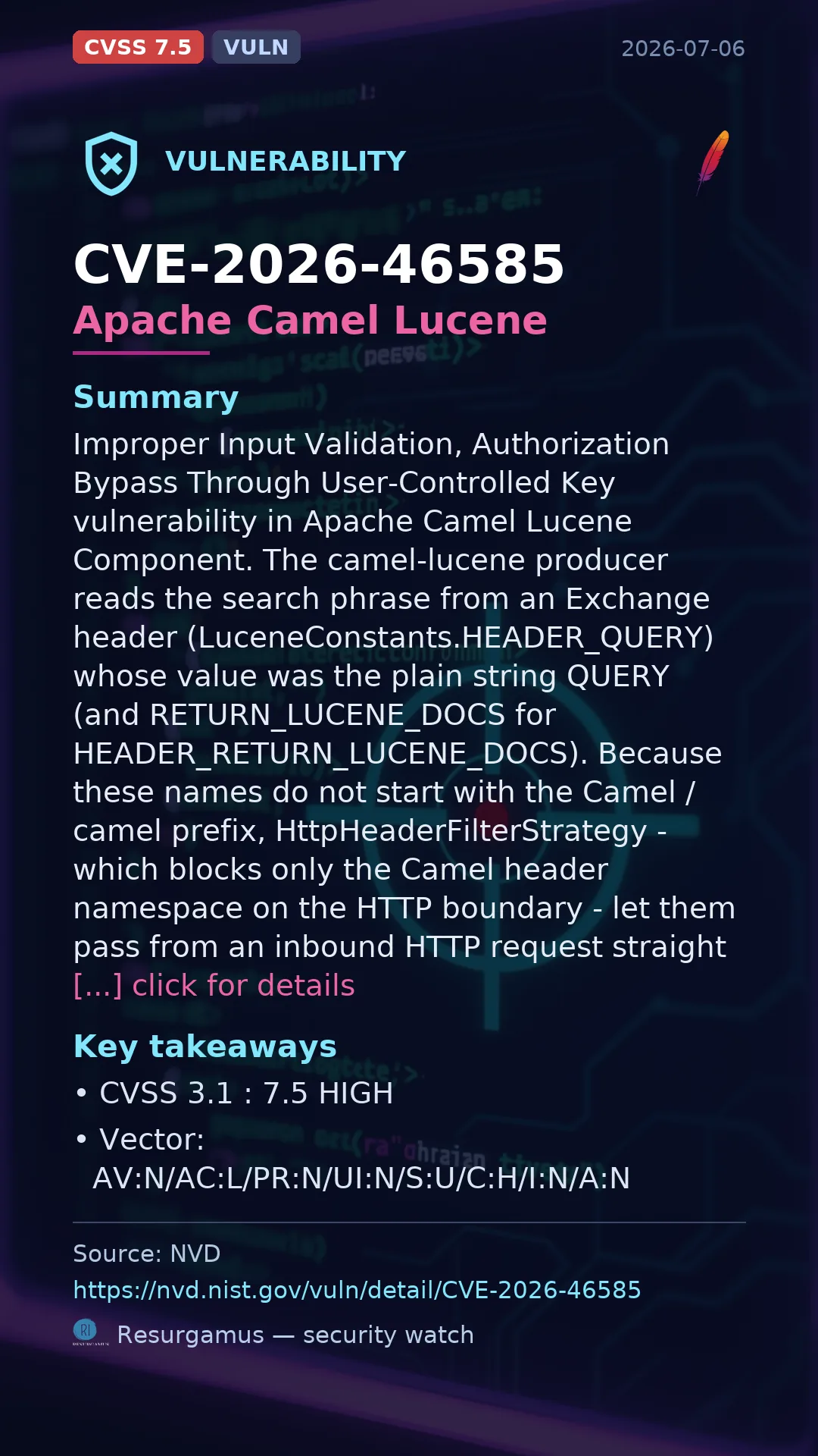 CVE-2026-46585 Apache Camel Lucene Vulnerability