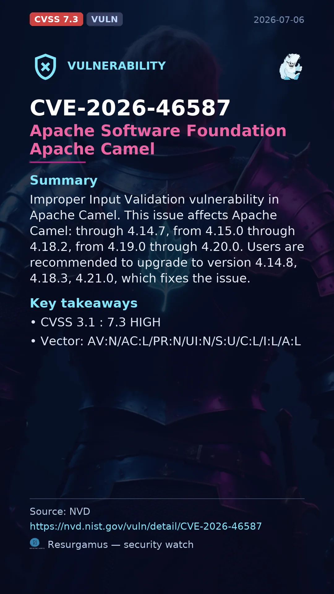 CVE-2026-46587 Apache Software Foundation Apache Camel Vulnerability
