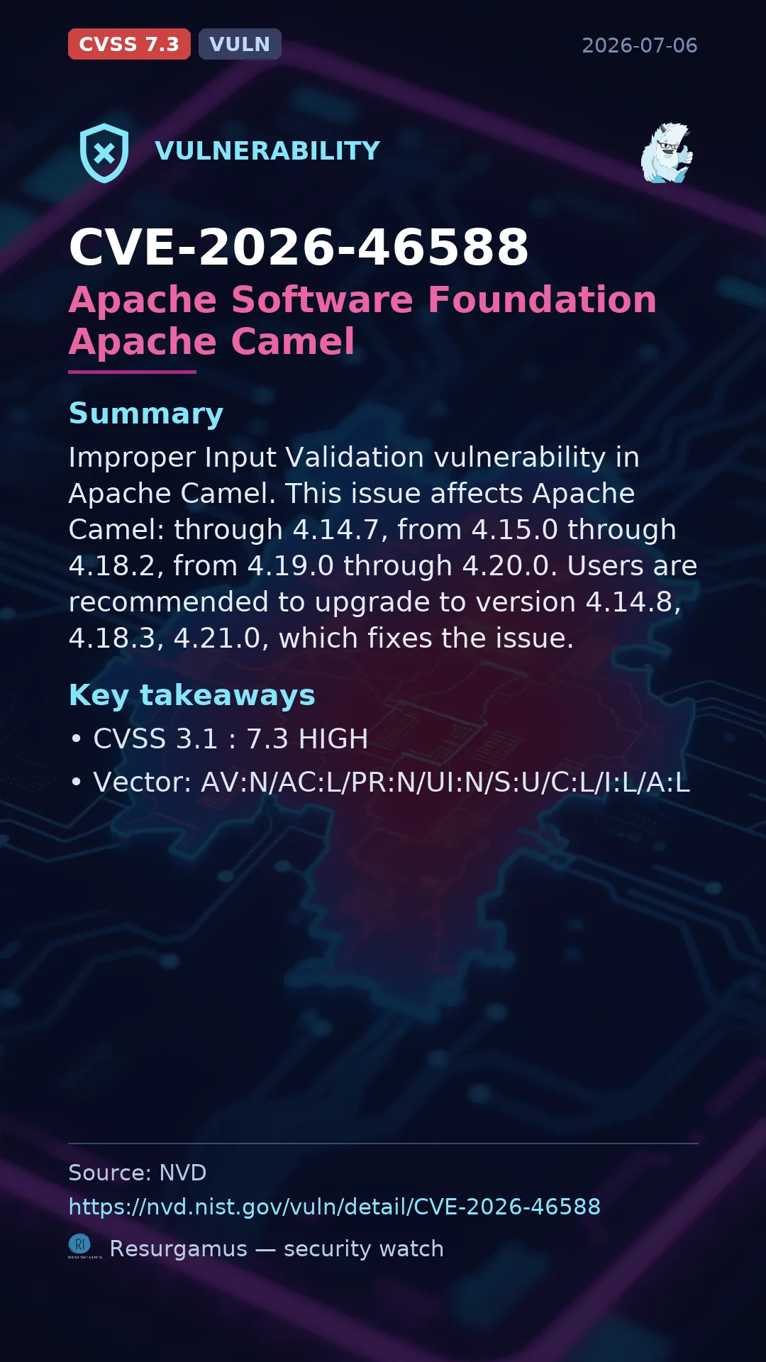 CVE-2026-46588 Apache Software Foundation Apache Camel Vulnerability