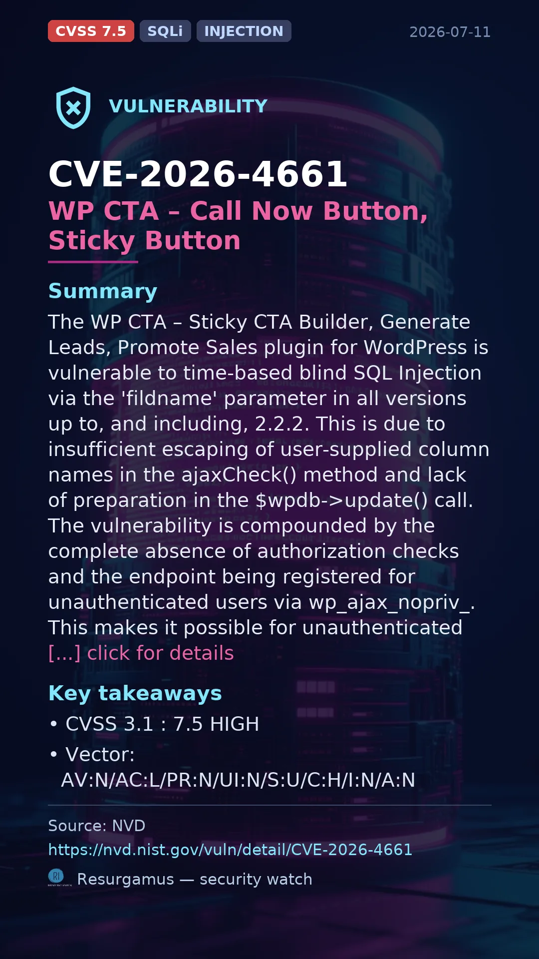CVE-2026-4661 WP CTA – Call Now Button, Sticky Button  Vulnerability
